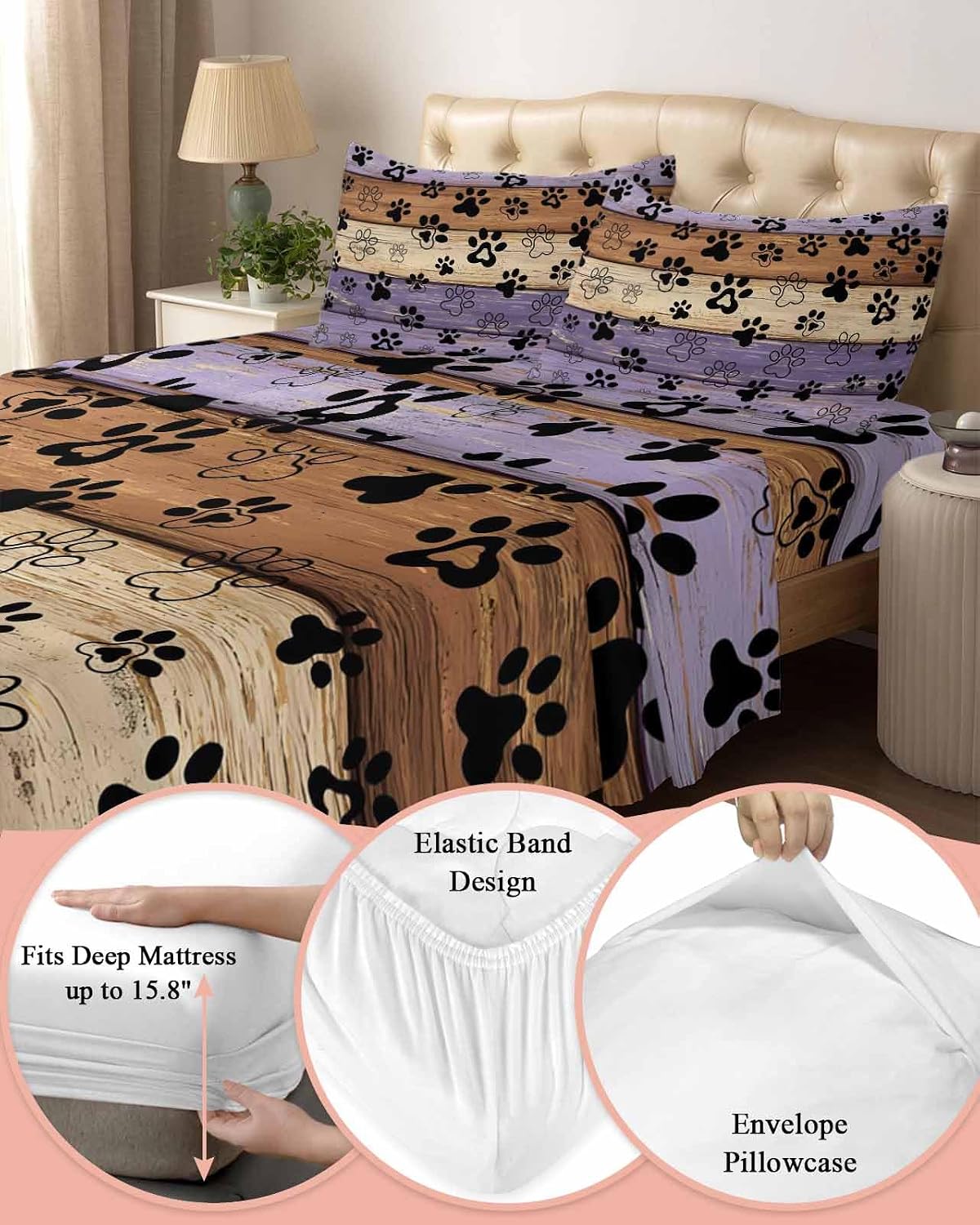 Purple Brown Cal King Sheet Set 4 Piece Bedding - Rustic Farmhouse Dog Paw Vintage Breathable Comfy Cooling Bed Sheets & Pillowcase Sets, Hotel Luxury Flat Sheets Deep Pockets Fitted Sheet