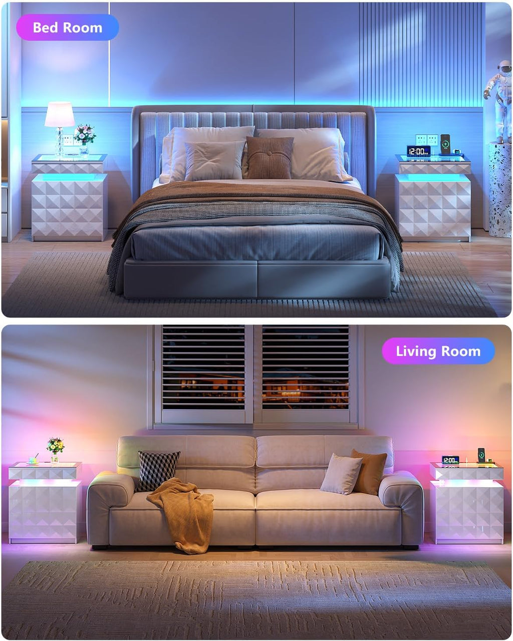 Night Stand Set 2 with Charger Station & RGB Lights, 3 Drawers Bedside Table with Sliding Top, Modern NightStands with Human Body Sensor for Bedroom, White