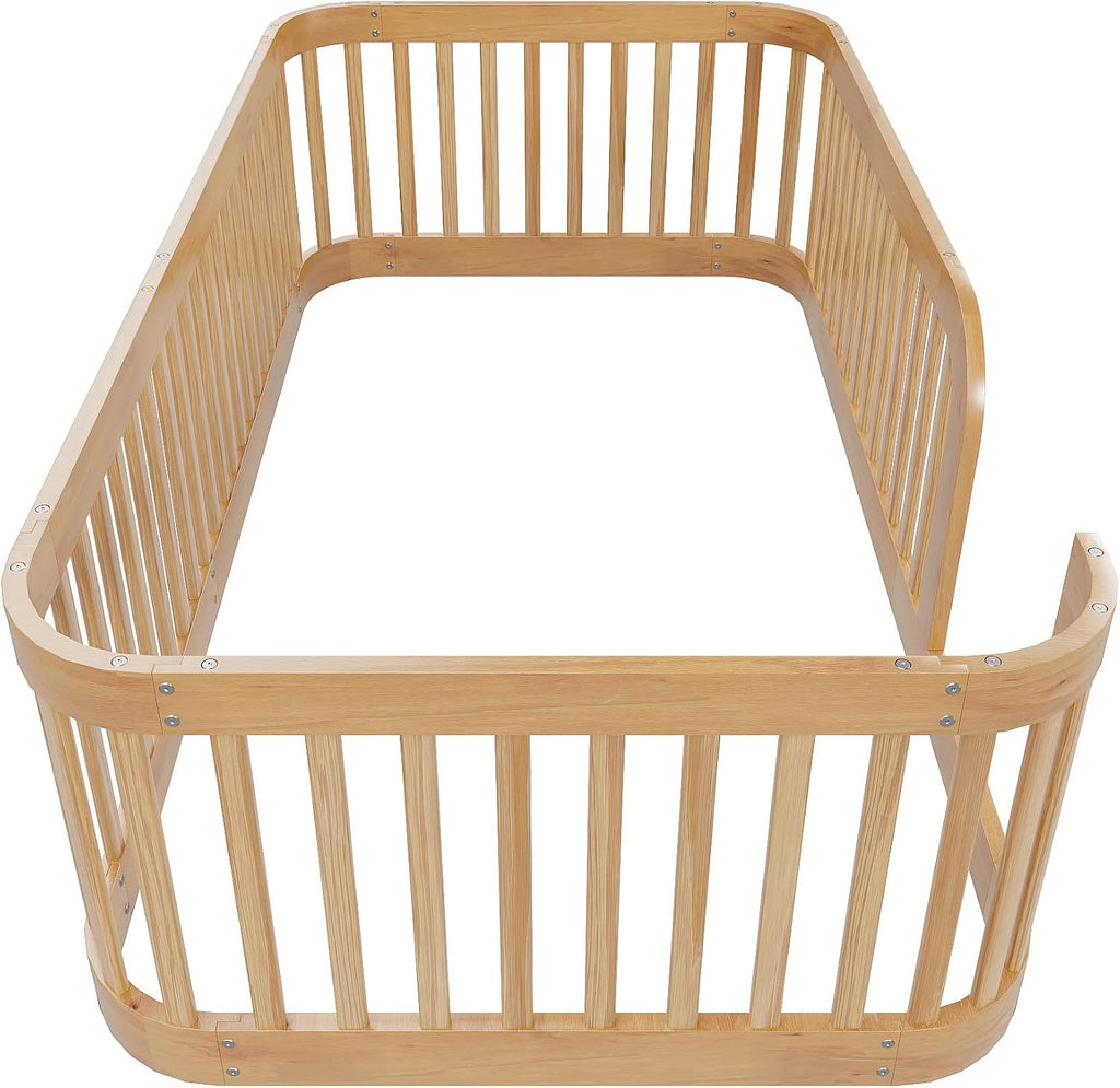 JIVOIT Twin Size Floor Bed Frame with Fence, Wood Montessori Floor Bed with Safety Guardrail, Easy Assembly (Natural/124)