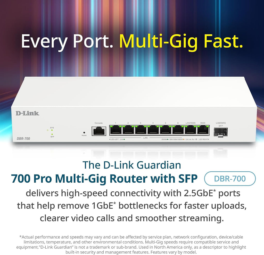 D-Link Guardian 700 Pro Multi-Gig Business Router with SFP (DBR-700), Premium Router with Multi-WAN Failover, SPI Firewall, 8X 2.5GbE LAN with SFP, VPN