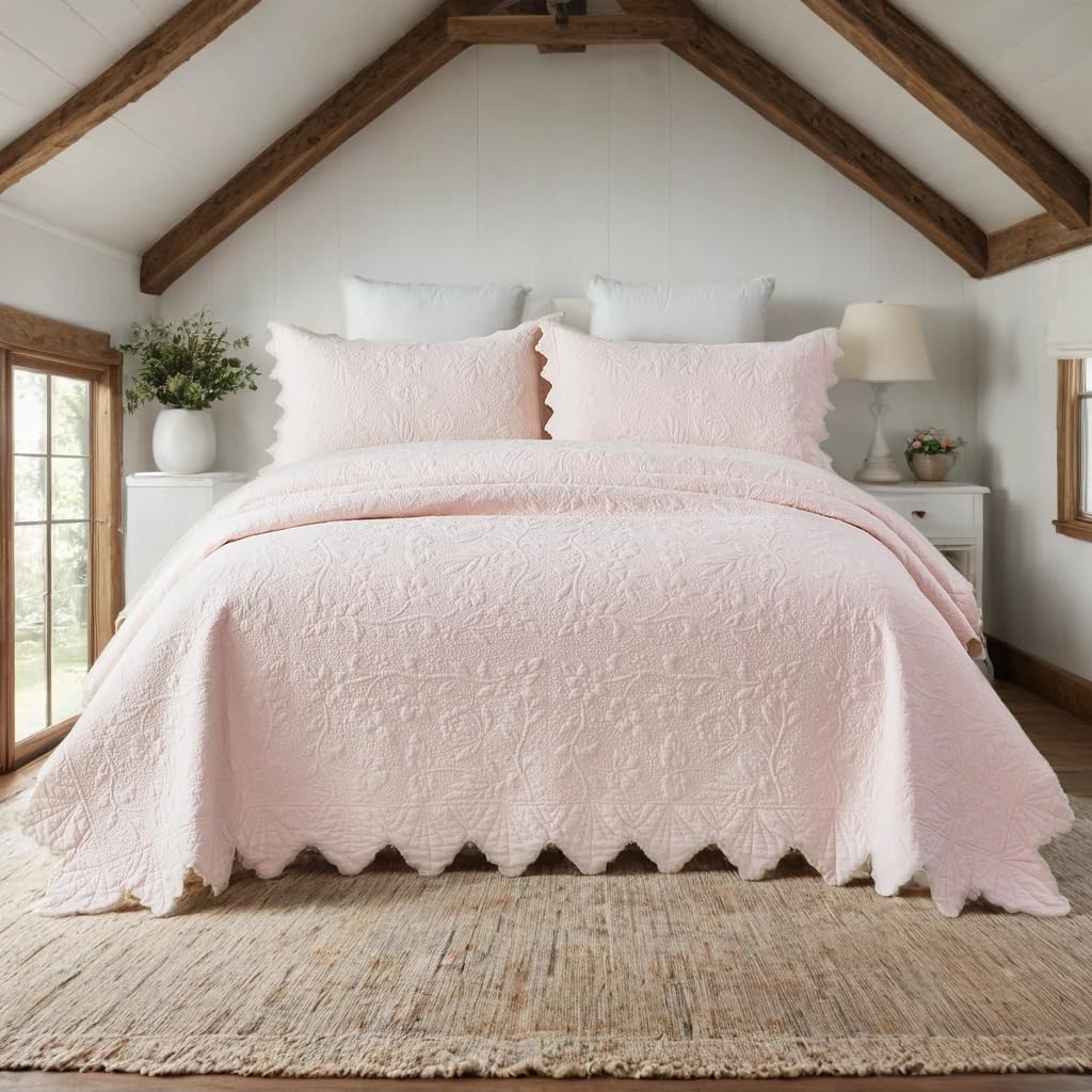 Brandream Queen Size Quilt Set Cotton Pink Quilts Farmhouse Matelasse Coverlet Oversized Bedspread 98x106 with 2 Standard Shams