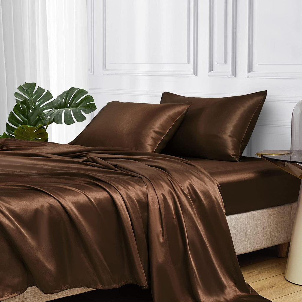 Twin XL Size 4-Piece Sheet Set Premium Mulberry Silk Bed Sheets Set Fits 14-16' Deep Pocket - Luxurious Soft Silk (Solid, Chocolate)