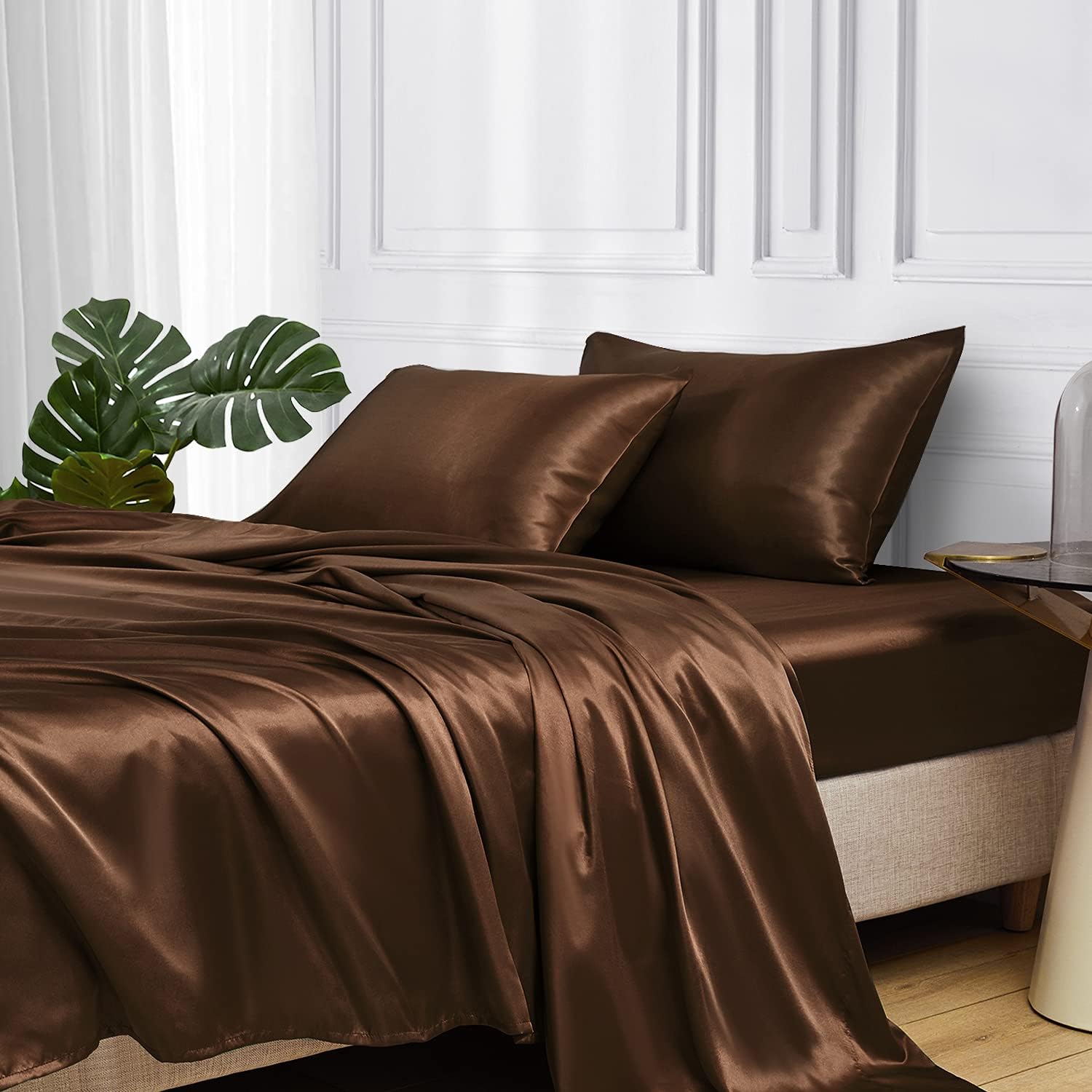Twin XL Size 4-Piece Sheet Set Premium Mulberry Silk Bed Sheets Set Fits 14-16' Deep Pocket - Luxurious Soft Silk (Solid, Chocolate)