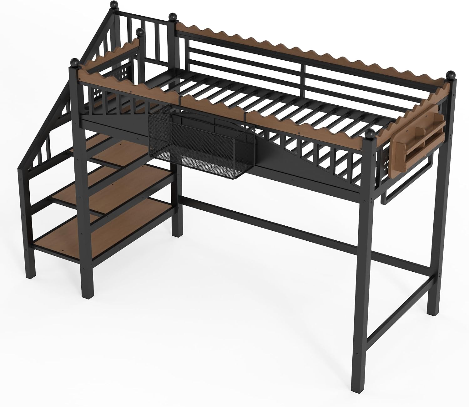 JIVOIT Twin XL Size Metal Loft Bed Frame, Space-Saving Loft Bed with Storage Stairs, Storage Shelves and Bookshelf, Strong Support Slats, Perfect for Bedroom, Guest, Dorms