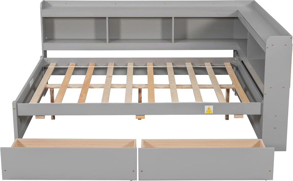 Full Size Platform Bed with L-Shaped Storage Shelfs and Bookcases, Pine Wood Day Bed with 2 Storage Drawers for Office/Living Room/Bedroom, Maximize Space (Gray)