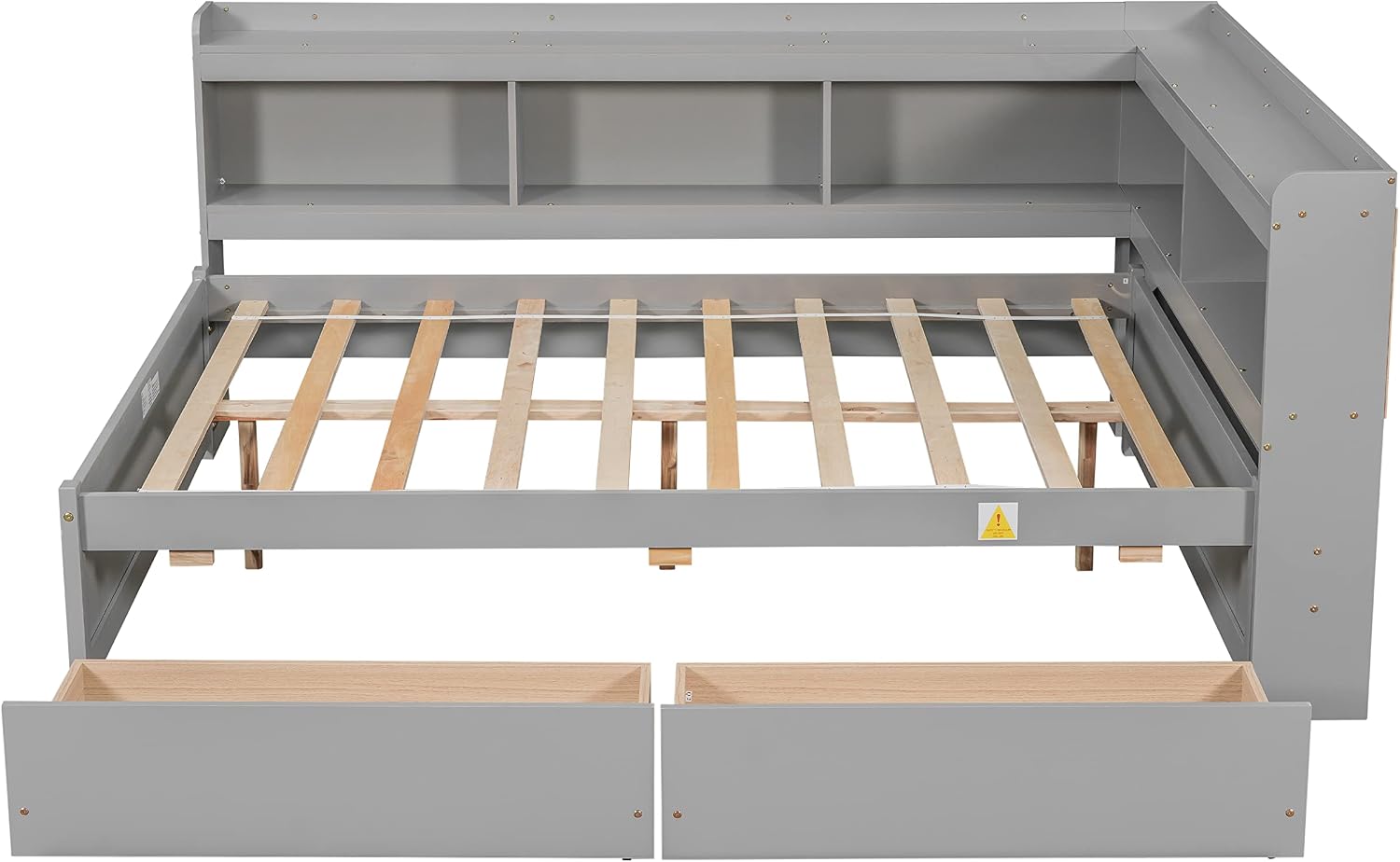 Full Size Platform Bed with L-Shaped Storage Shelfs and Bookcases, Pine Wood Day Bed with 2 Storage Drawers for Office/Living Room/Bedroom, Maximize Space (Gray)