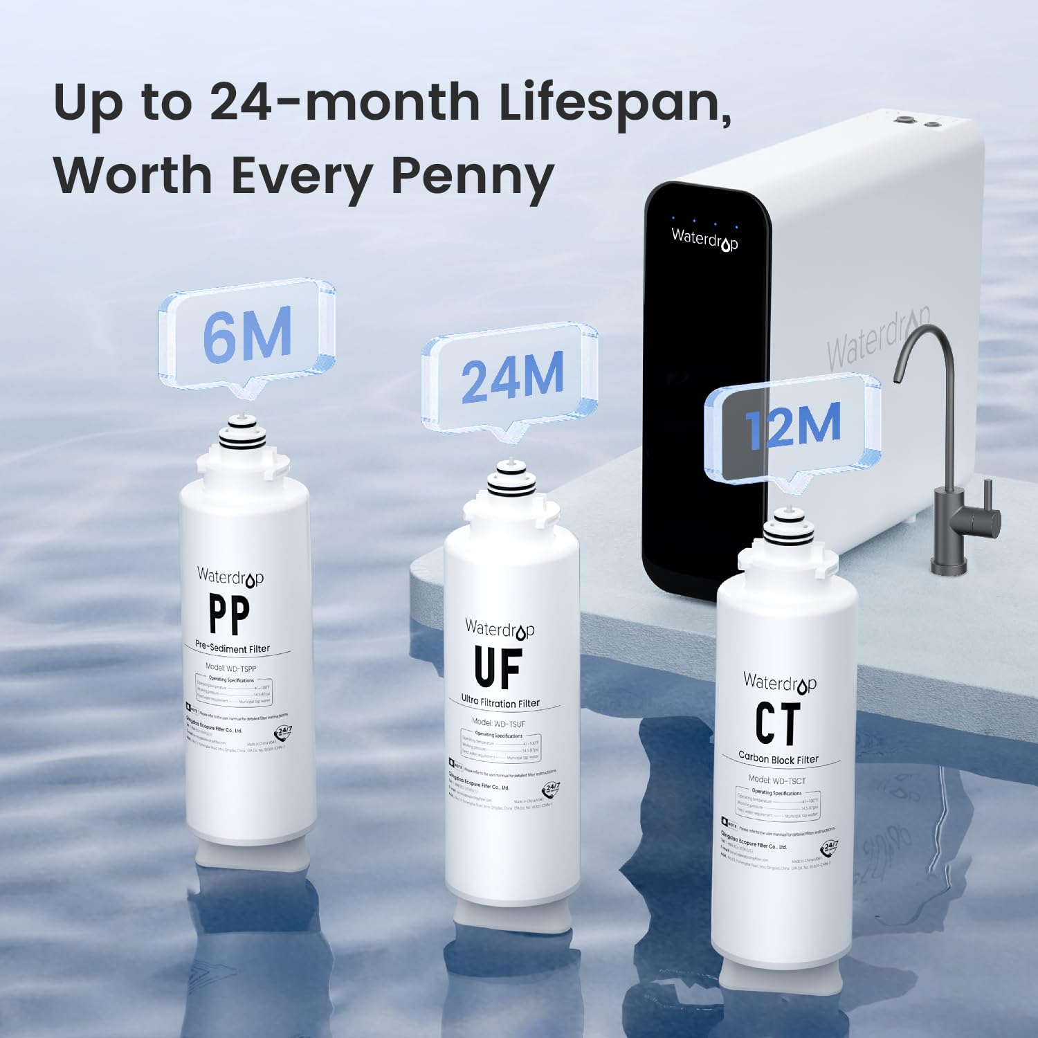 Waterdrop TSU-WB 0.01μm Ultra-Filtration Under Sink Water Filter System, 3-Stage Tankless Undersink Water Filtration with Faucet, Smart Panel, Does not Lower TDS (𝙉𝙊𝙏 𝙍𝙊), Drilling Required