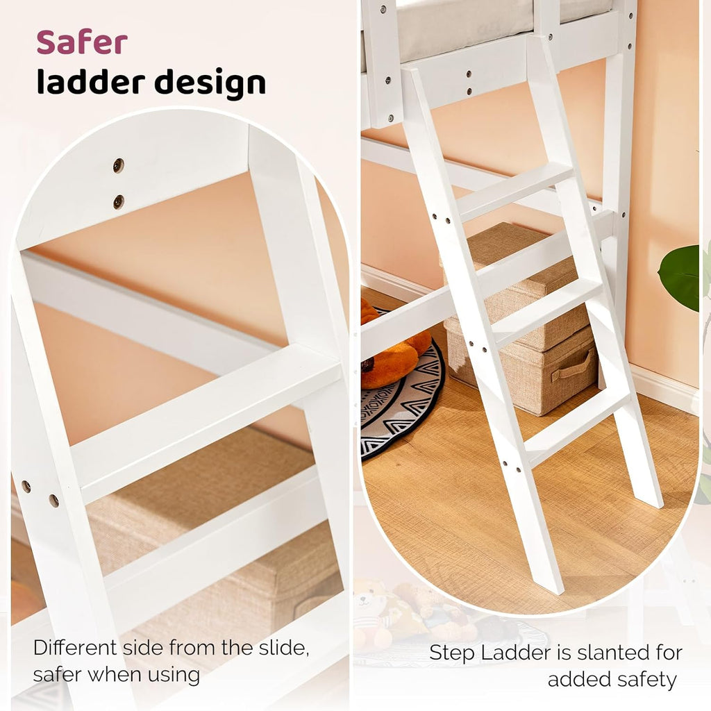 VINGLI Loft Bed with Slide, Twin Space Saving Kids Low Loft with Guardrail and Ladder, Pine Wood and Sturdy Single Bed Frame for Boys and Girls, White