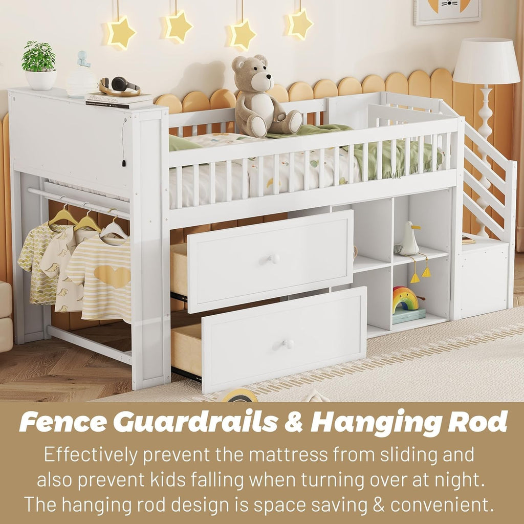Twin Low Loft Bed with LED Lights, Loft Bed Frame for Kids with 2 Storage Drawers & Bookcase Headboard, Solid Wood Loft Beds with Stairs and Safety Guardrail for Junior Girls Boys (White)