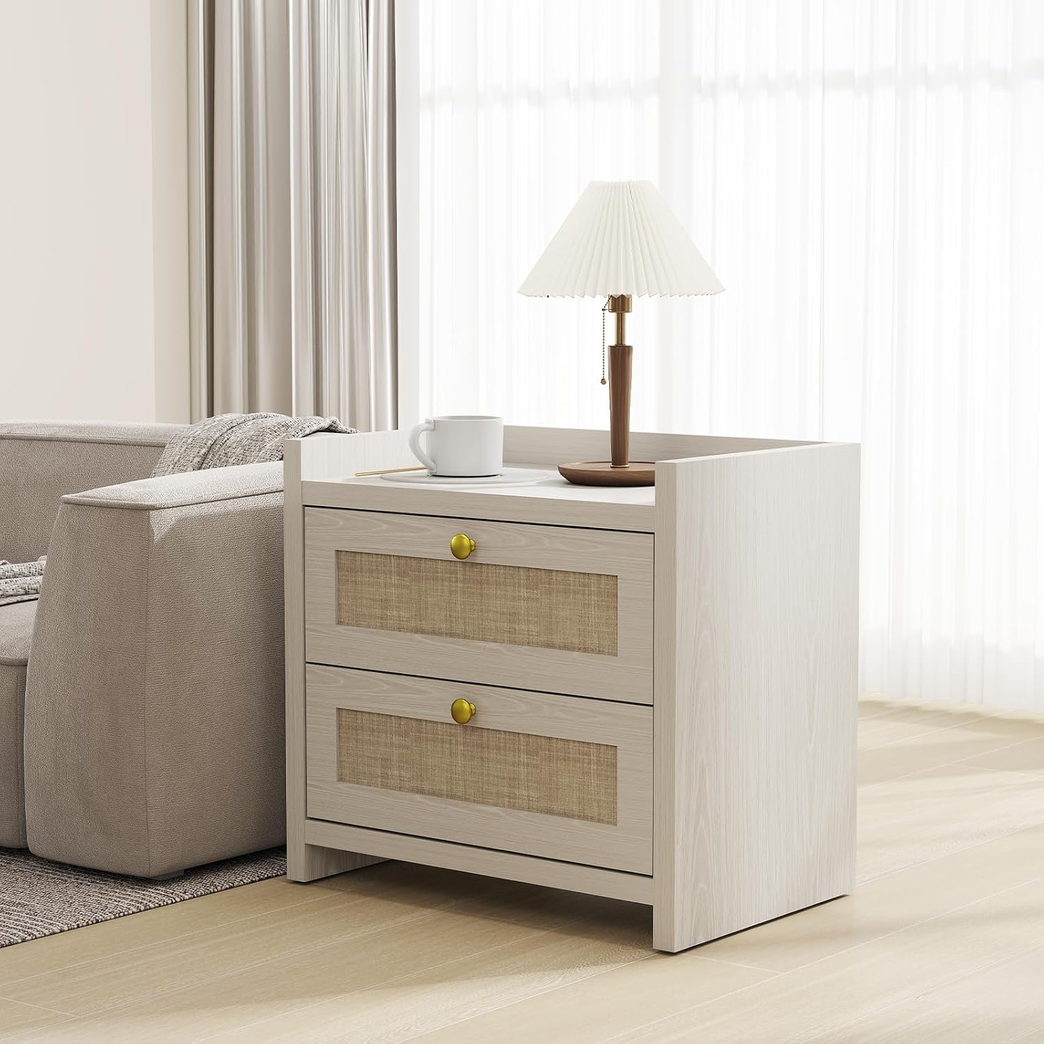 LubanNese 23.6' Nightstand Set of 2, Boho Wooden Bedside Table with Charging Station for Bedroom, Farmhouse Rustic Large Wide Night Stands with 2 Soft Close Drawers, Beige Ash