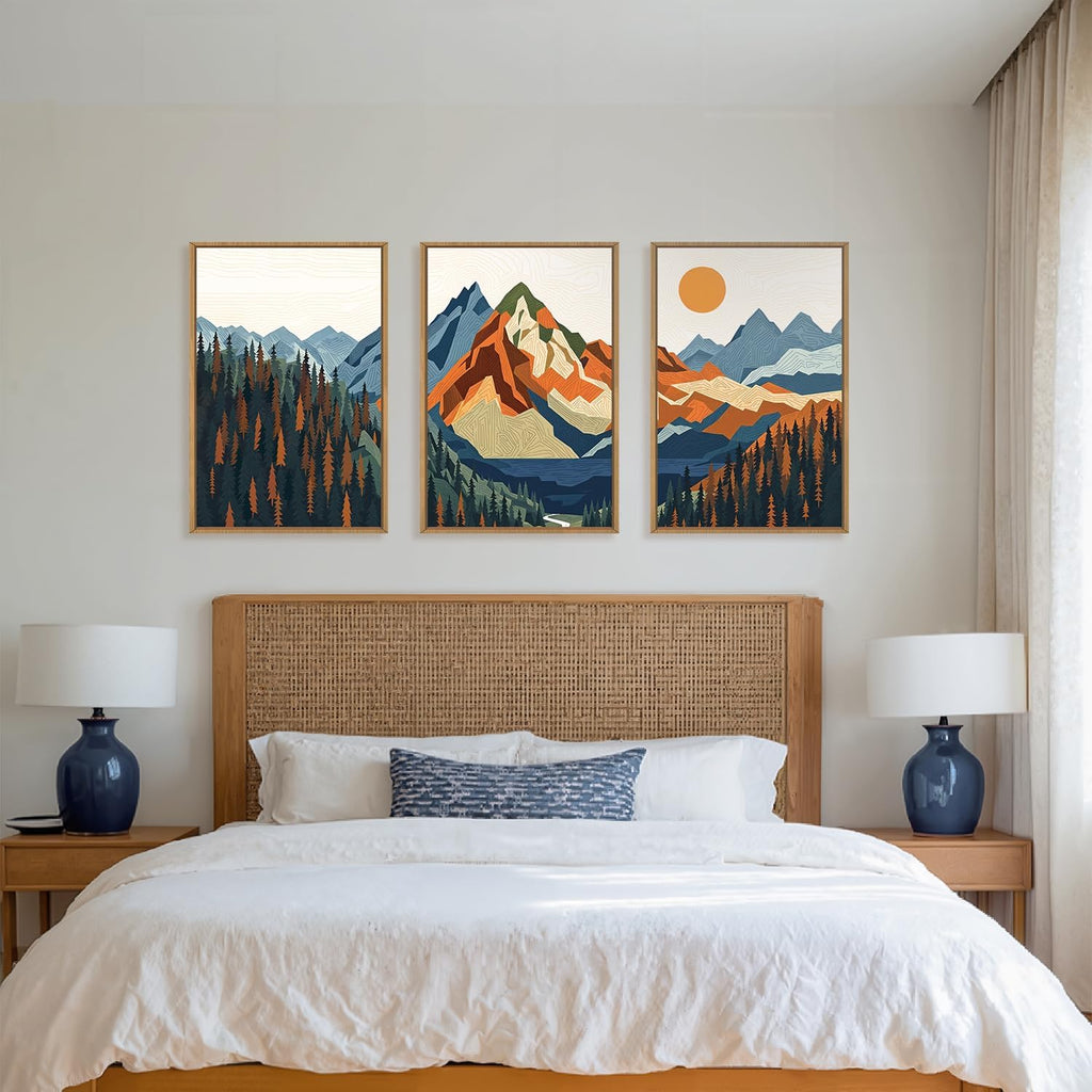 FWIEXA Vintage Mountain Framed Canvas Wall Art Set, Boho Sunrise Wall Prints, Abstract Nature Forest Artwork, Retro Lake Sunset Painting, 3 Panel 24x36 Inches Modern Rustic Decor for Living Room, Bedroom, Office