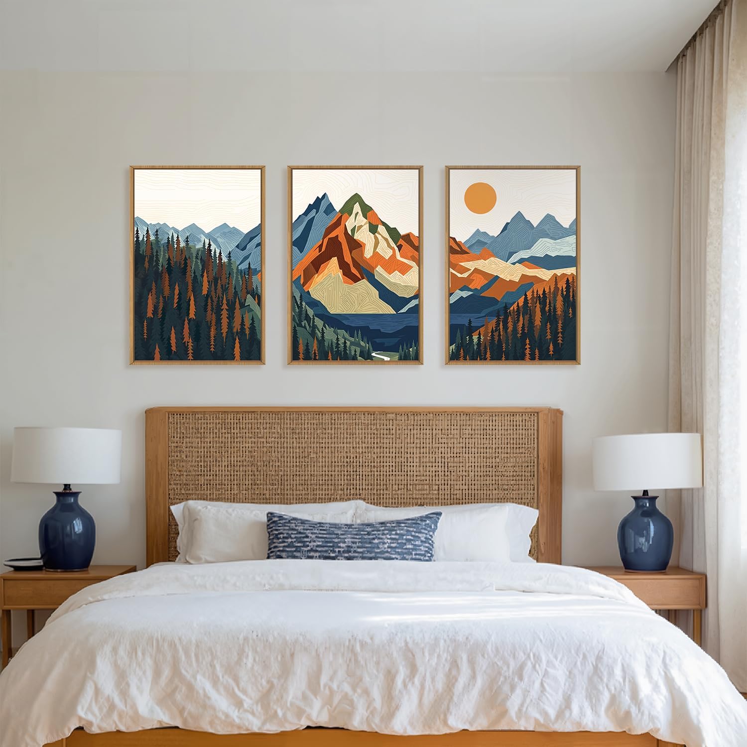 FWIEXA Vintage Mountain Framed Canvas Wall Art Set, Boho Sunrise Wall Prints, Abstract Nature Forest Artwork, Retro Lake Sunset Painting, 3 Panel 24x36 Inches Modern Rustic Decor for Living Room, Bedroom, Office