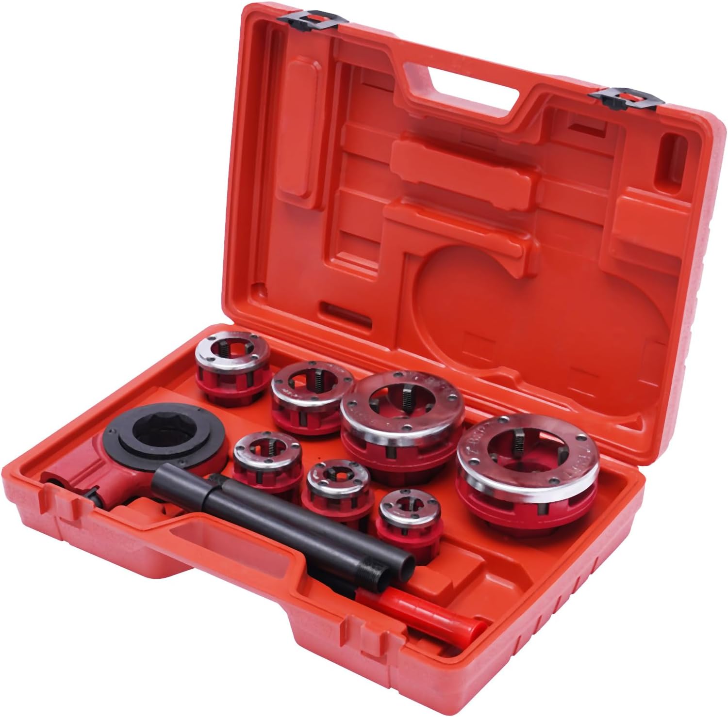 7 Piece Tap and Die Set 3/8', 1/2', 3/4',1', 1-1/4', 1-1/2' and 2' Pipe Threader Die Dies Set Threading and Rethreading Tool w/Handle Ratchet and Case for Standard Galvanized Pipe