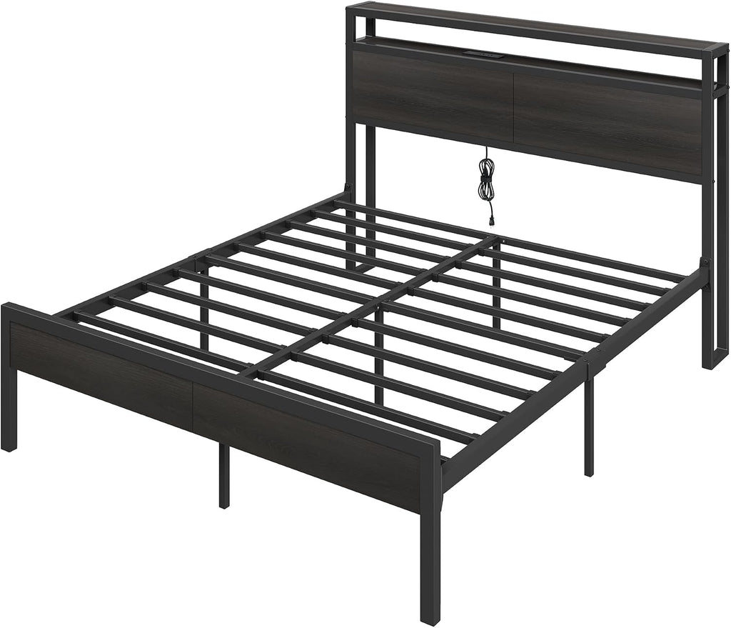 AMERLIFE Queen Size Bed Frame with Storage Headboard & Charging Station, Industrial Metal Platform Bed with Large Under-Bed Storage, Heavy Duty Slats, No Box Spring Needed, Black