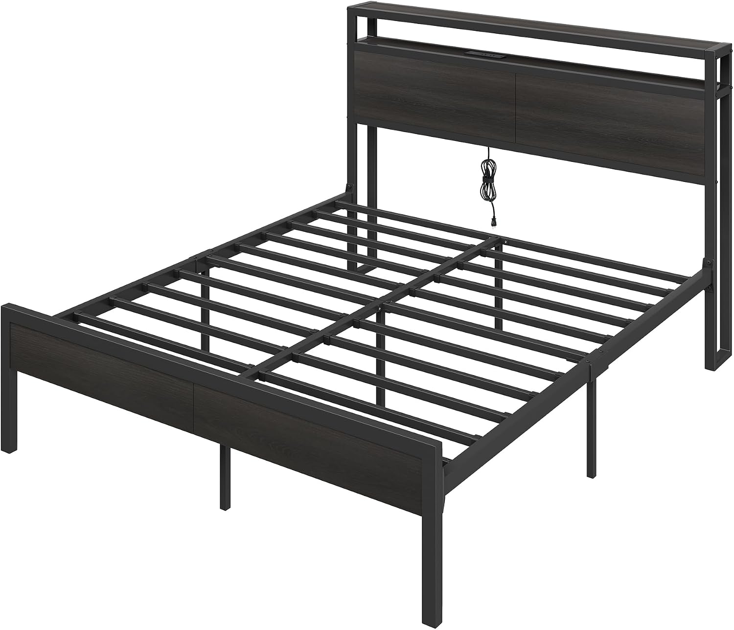 AMERLIFE Queen Size Bed Frame with Storage Headboard & Charging Station, Industrial Metal Platform Bed with Large Under-Bed Storage, Heavy Duty Slats, No Box Spring Needed, Black