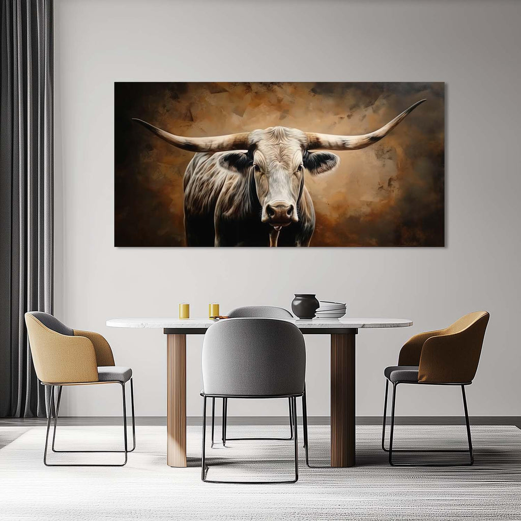 ZESTRILIA Brown Rustic Longhorn Bull Wall Art Modern Canvas Painting Prints Artwork Office Hallway Bedroom Living Room Decor (58x28 Inches)