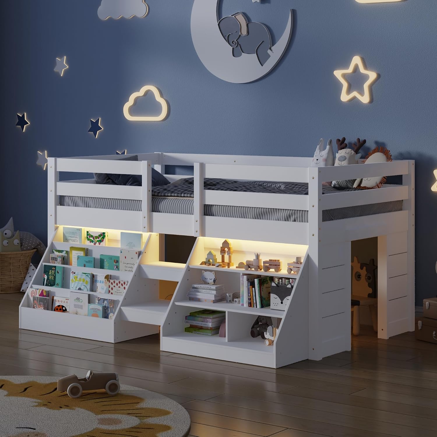 St.Mandyu Twin Size Low Loft Bed with LED Lights, Twin Loft Bed with Stairs, Bookcase, Safety Guardrail and Under-Bed Play Space, White