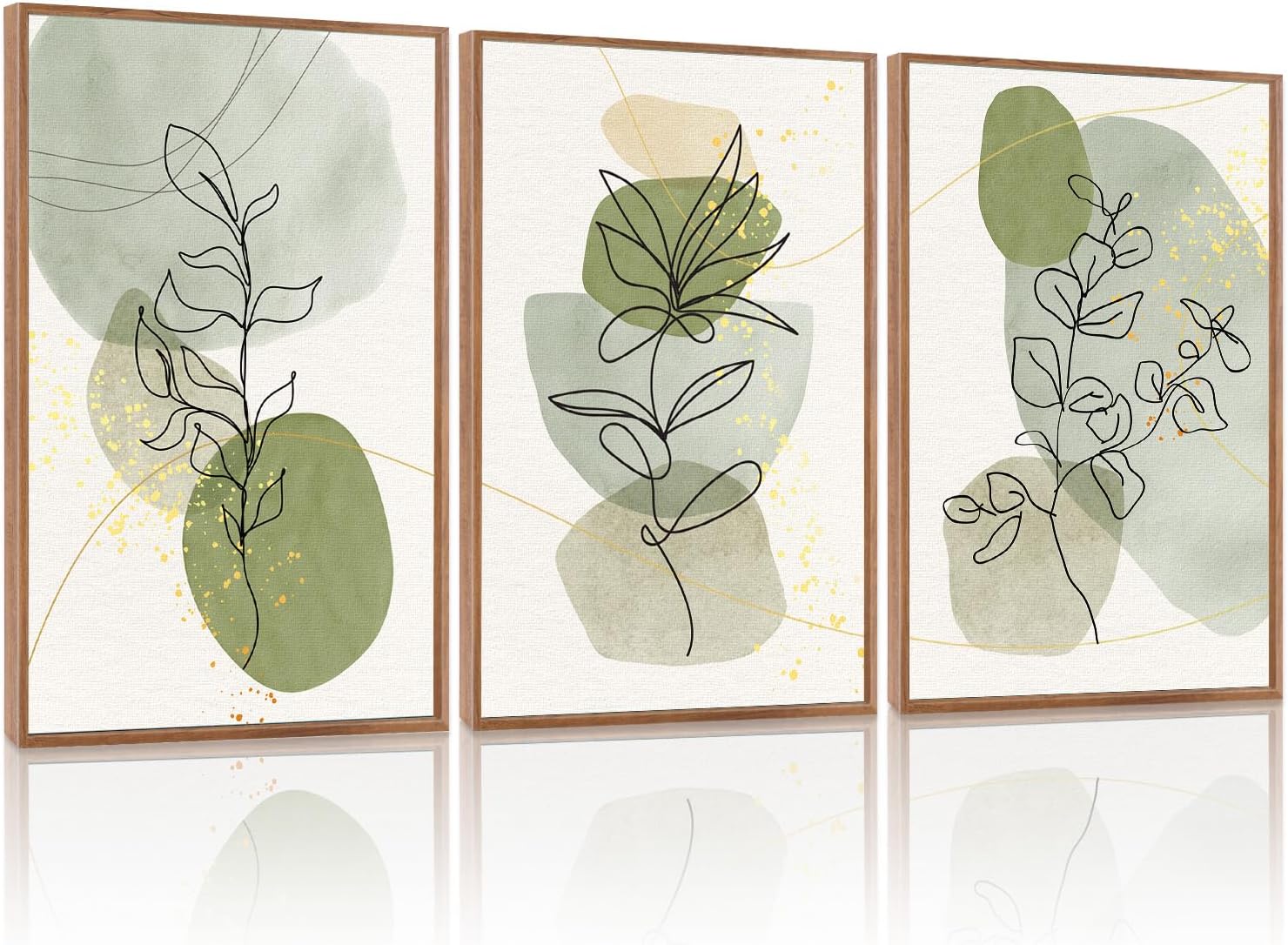 KAlRNE Boho Botanical Framed Canvas Wall Art Set of 3(24'X36'),Abstract Sage Green Wall Decor,Minimalist Watercolor Picture,Modern Geometric Black Line Art Prints For Living Room Bedroom Office
