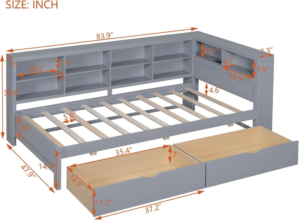 Twin Size Daybed with 2 Drawers,Minimalist Wooden Sofa Bed Frame with Storage Shelf and USB Charging Ports for Bedroom, Studyroom, Guestroom, Livingroom (Grey-wd56)