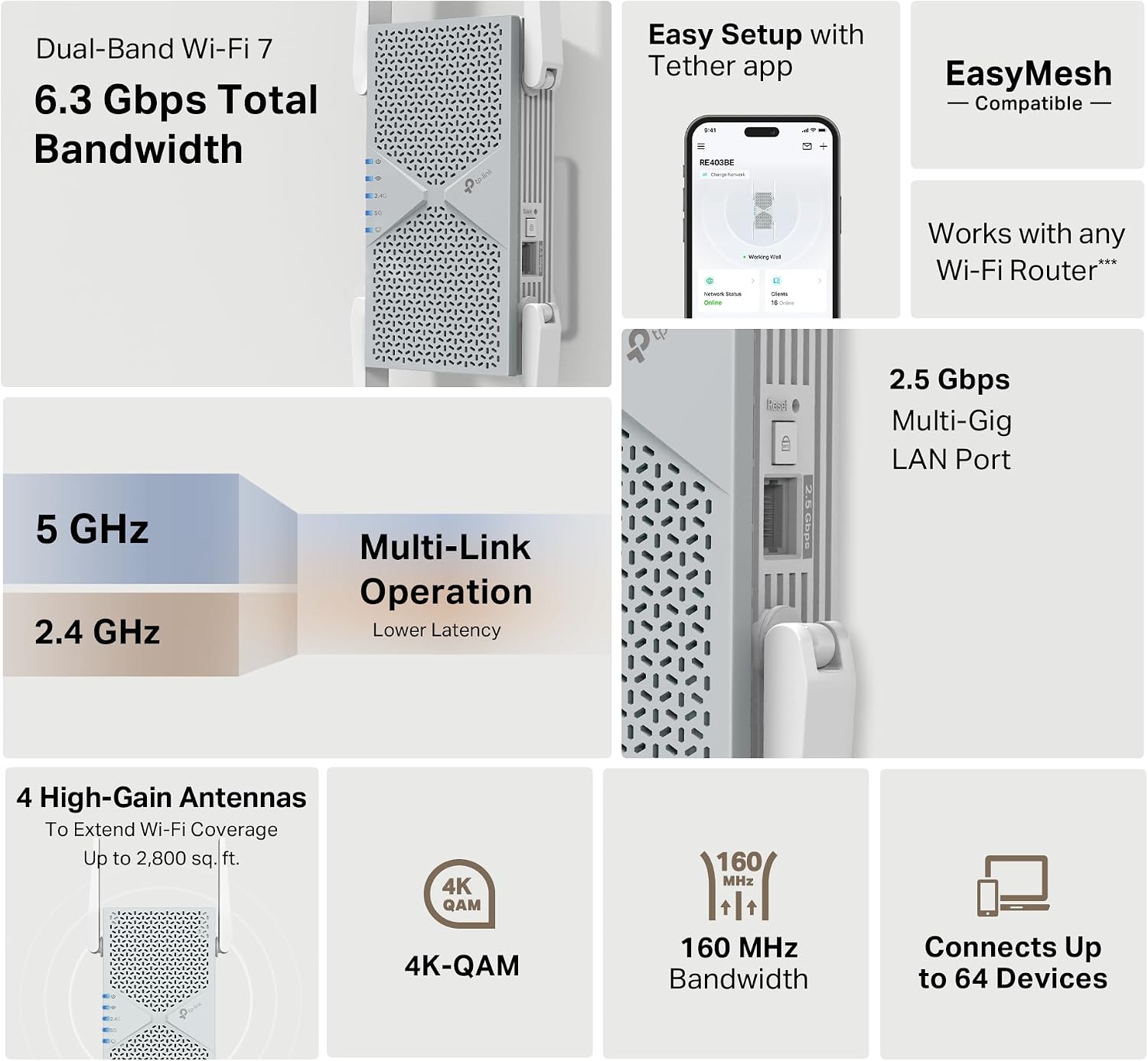 TP-Link BE6300 Wi-Fi 7 Range Extender RE403BE w/ 2.5G Port | 6.3 Gbps Dual-Band Wireless Repeater | Internet Signal Booster for Home | Up to 2800 sq.ft, 64 Devices | MLO, EasyMesh | No 6 GHz Band