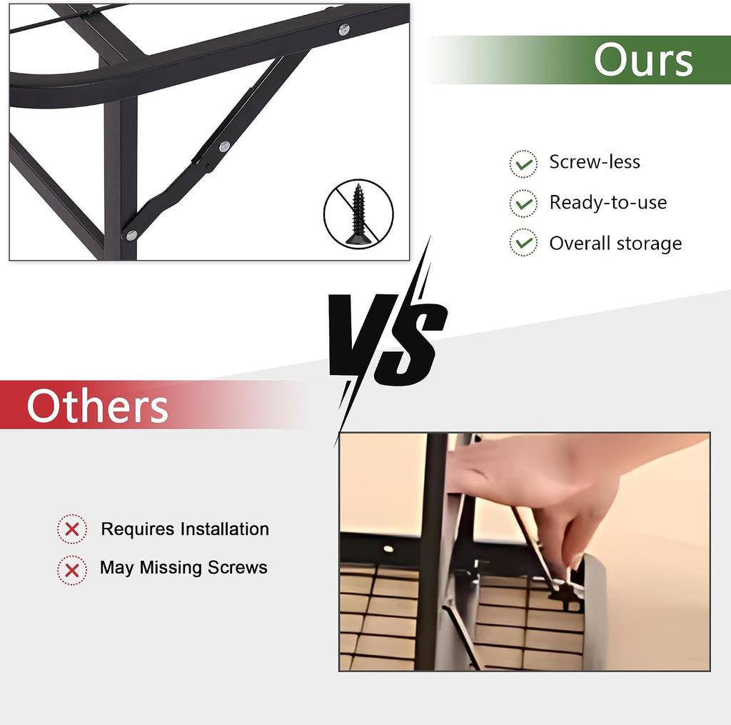 VECELO 14 Inch Metal Bed Frame, Foldable & No Tools Assembly, Heavy Duty Platform with Under Bed Storage, 880 lbs Weight Capacity, Ideal for Small Spaces & Guest Rooms, Queen, Black