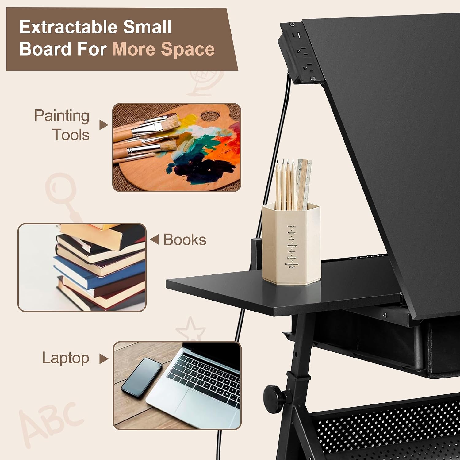 ZENY Adjustable Drafting Table with Stool, Tilting Drawing Desk Artist Table with Storage Drawers, Art Craft Workstation for Home Office Reading, Writing, Crafting (Black-with Outlet)