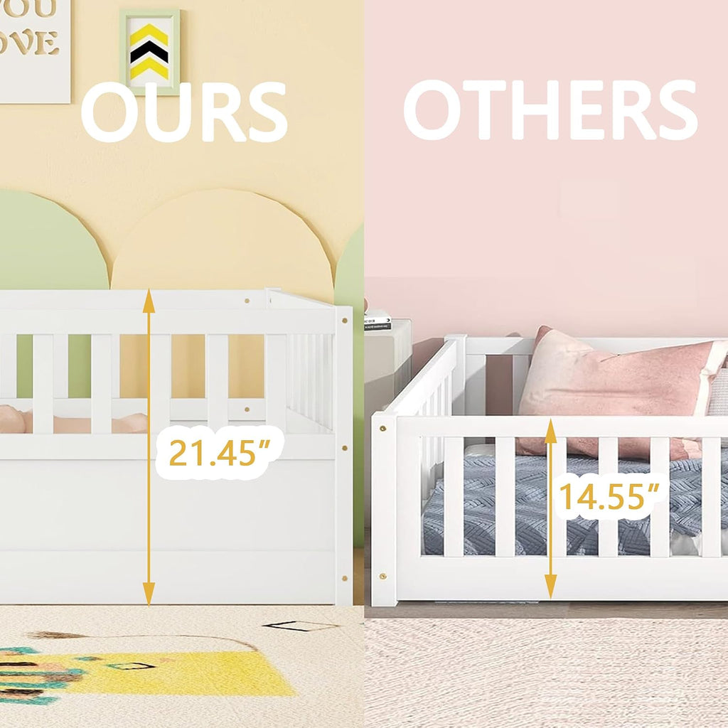 Twin Floor Bed with Slats and High Fence, Twin Size Montessori Floor Beds with Door, No Box Spring Needed, Easy Assemble Montessori Bed Frame(White Twin)