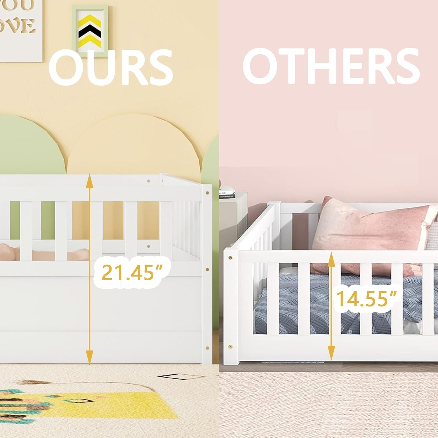 Twin Floor Bed with Slats and High Fence, Twin Size Montessori Floor Beds with Door, No Box Spring Needed, Easy Assemble Montessori Bed Frame(White Twin)