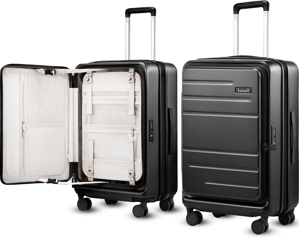 LUGGEX Checked Luggage with Spinner Wheels, FLO5 Top Opening Expandable Polycarbonate Hard Shell Suitcase with TSA Approved Lock (FX-Core, Black, 24 Inch)