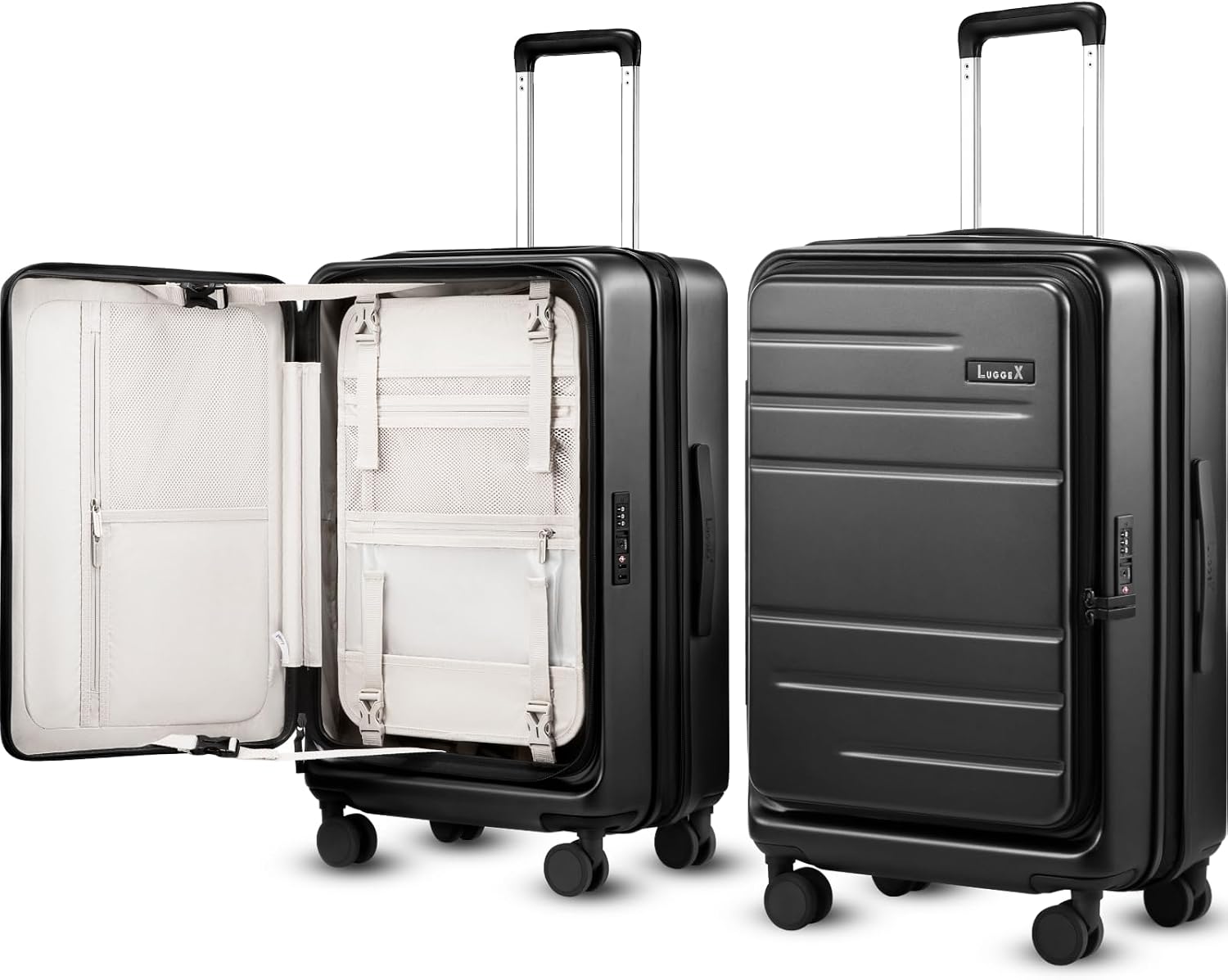 LUGGEX Checked Luggage with Spinner Wheels, FLO5 Top Opening Expandable Polycarbonate Hard Shell Suitcase with TSA Approved Lock (FX-Core, Black, 24 Inch)