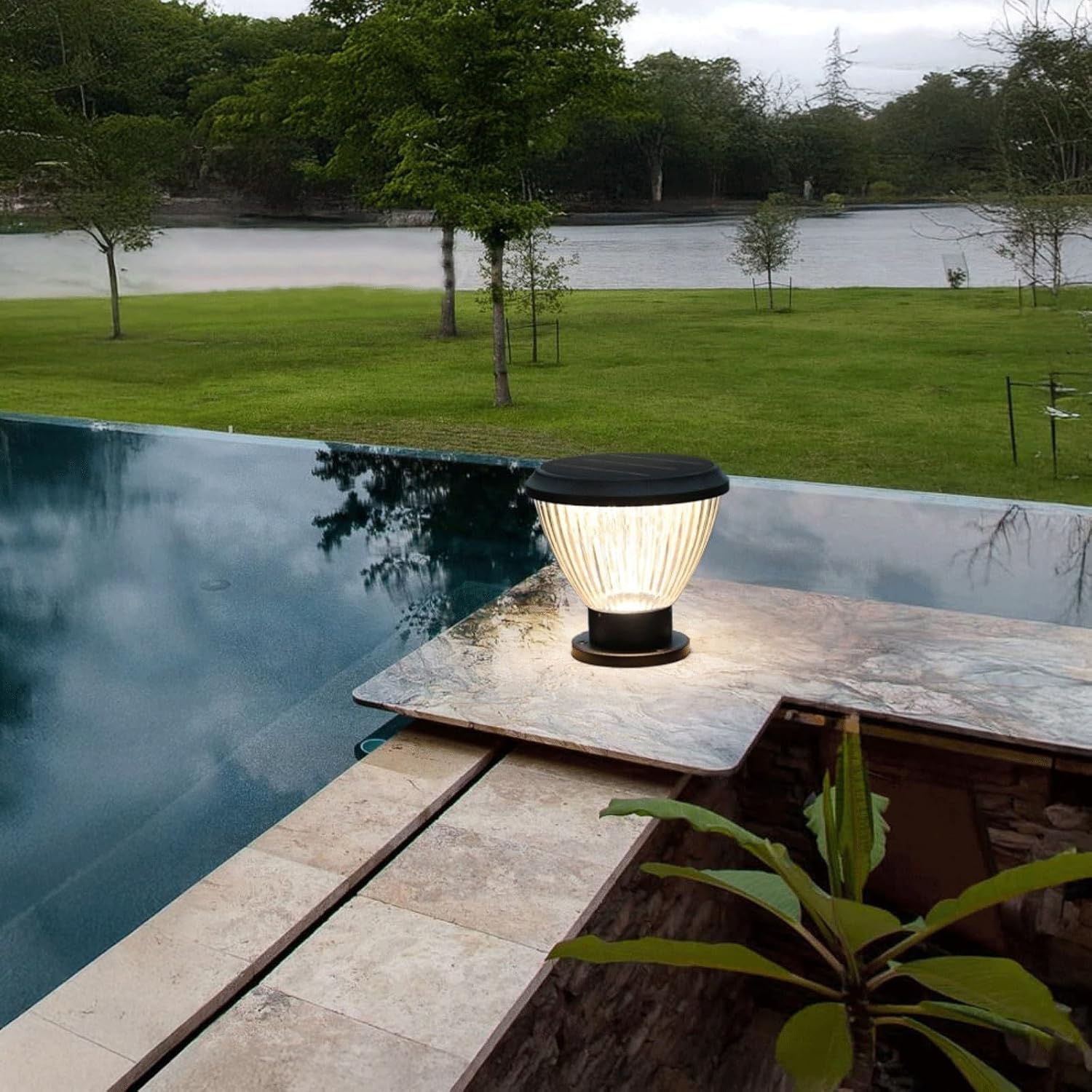 Solar Post Light, IP65 Outdoor Bollard Light, LED Solar Pillar Lamp, Round Column Lantern with Light Control, Aluminum and PC Exterior Garden Lighting Fixture for Yard Pathway Driveway