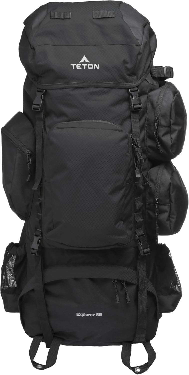 Teton 85L Explorer Internal Frame Backpack for Hiking, Camping, Backpacking, Rain Cover Included, Black