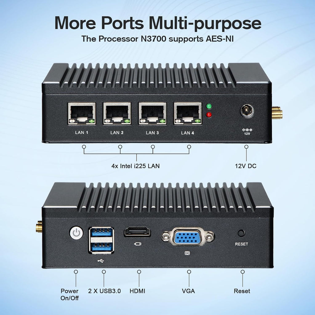 Fanless Firewall Appliance Intel J3710 4C/4T, Firewall Mini PC 4 x Intel i226 LAN Ports DDR3 mSATA SSD, Network Gateway Soft Router, Support P-F-Sense AES NI HD/VGA/Wi-Fi (Black)