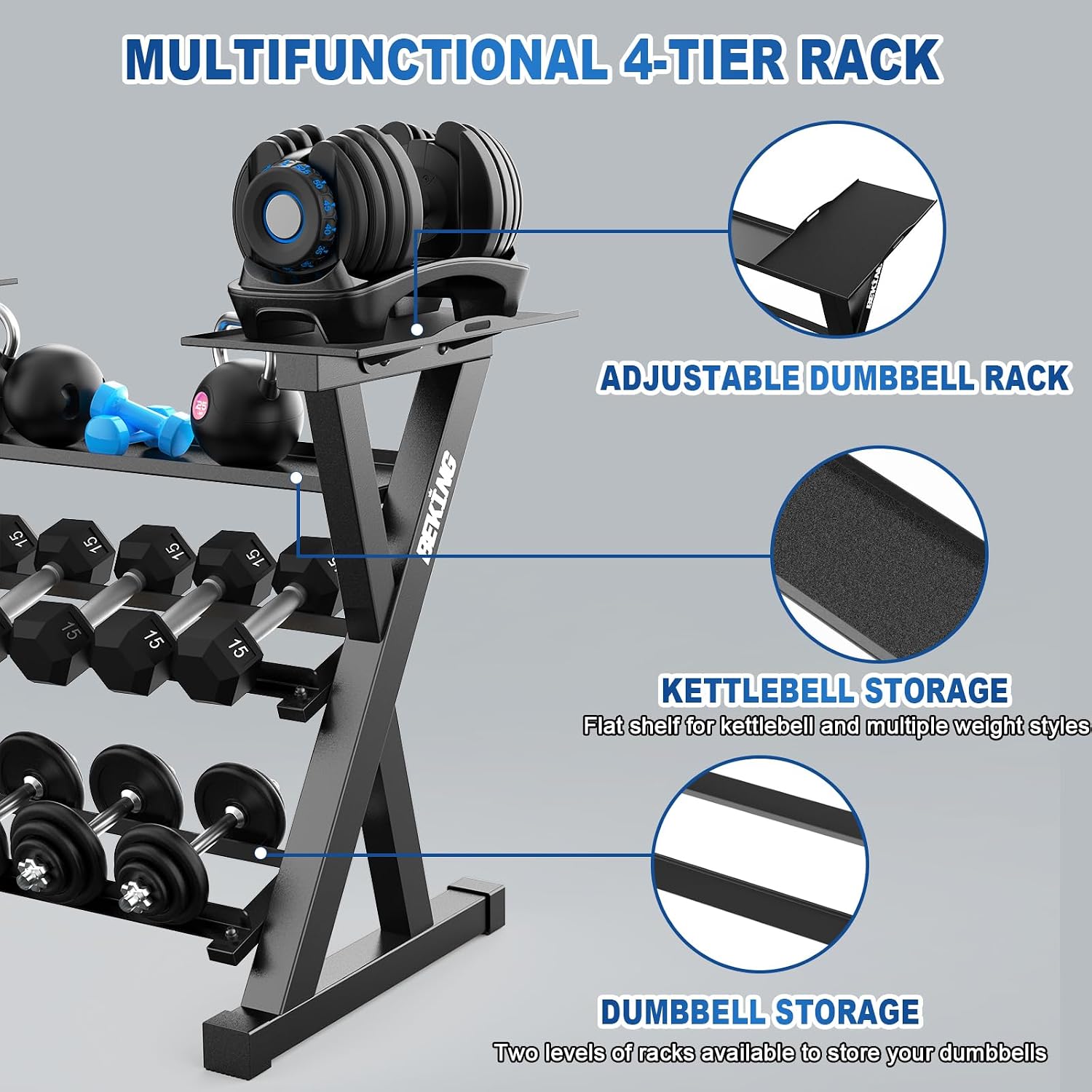 BEKING 3 Tier Dumbbell Rack,1000LB Capacity Weight Storage Rack for Home Gym Fitness,Multifunctional Free Weight Organizer Stand for Dumbbells, Kettlebells,Compact Design Save Floor Space