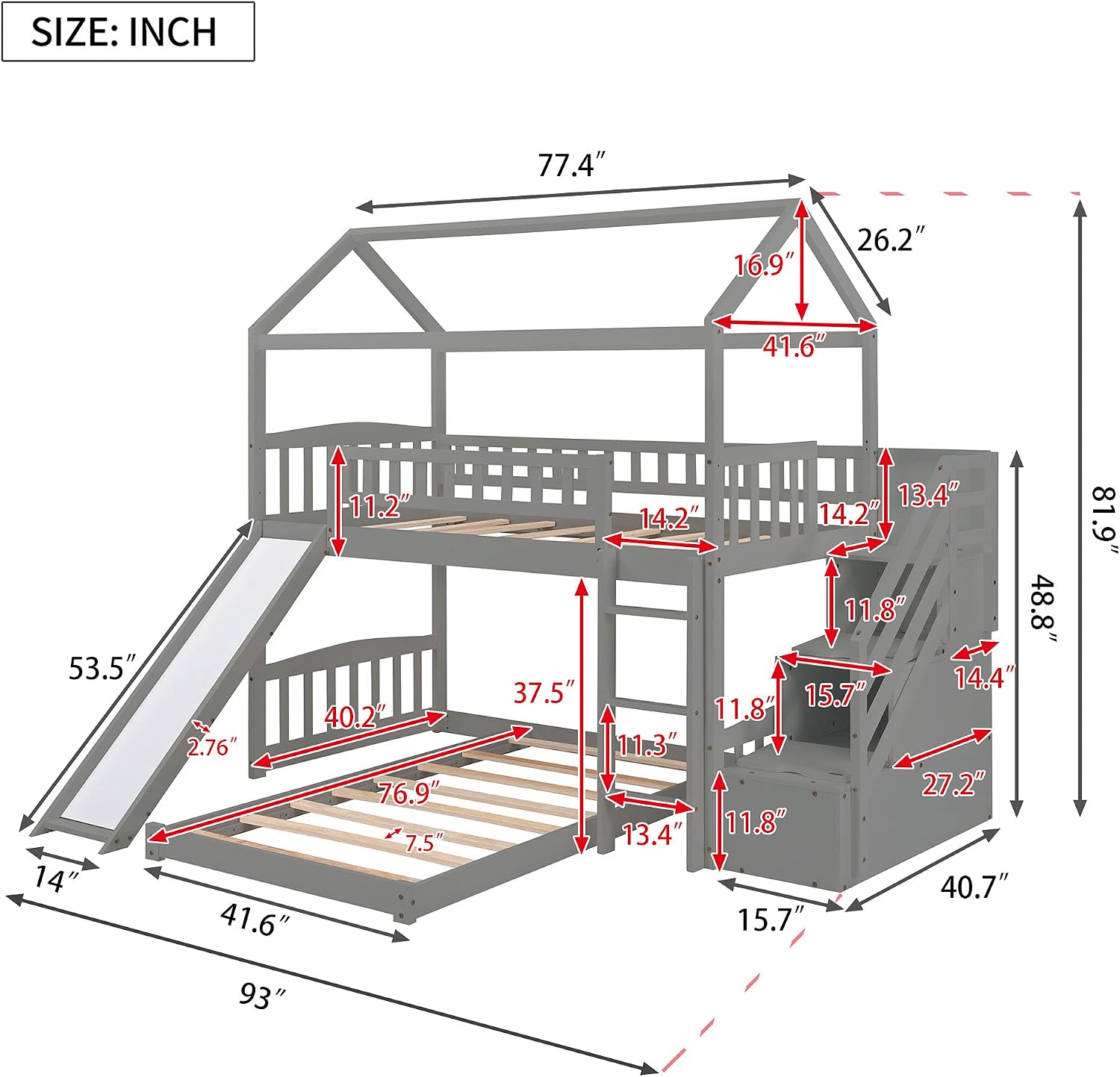 Twin Over Twin Bunk Beds with Slide and Storage Steps, Bunk Bed for Kids Toddlers, Playhouse Farmhouse Roof Guardrail Ladder 2 Drawers, for Girls/Boys, No Spring Box Required (Gray+Storage Steps)