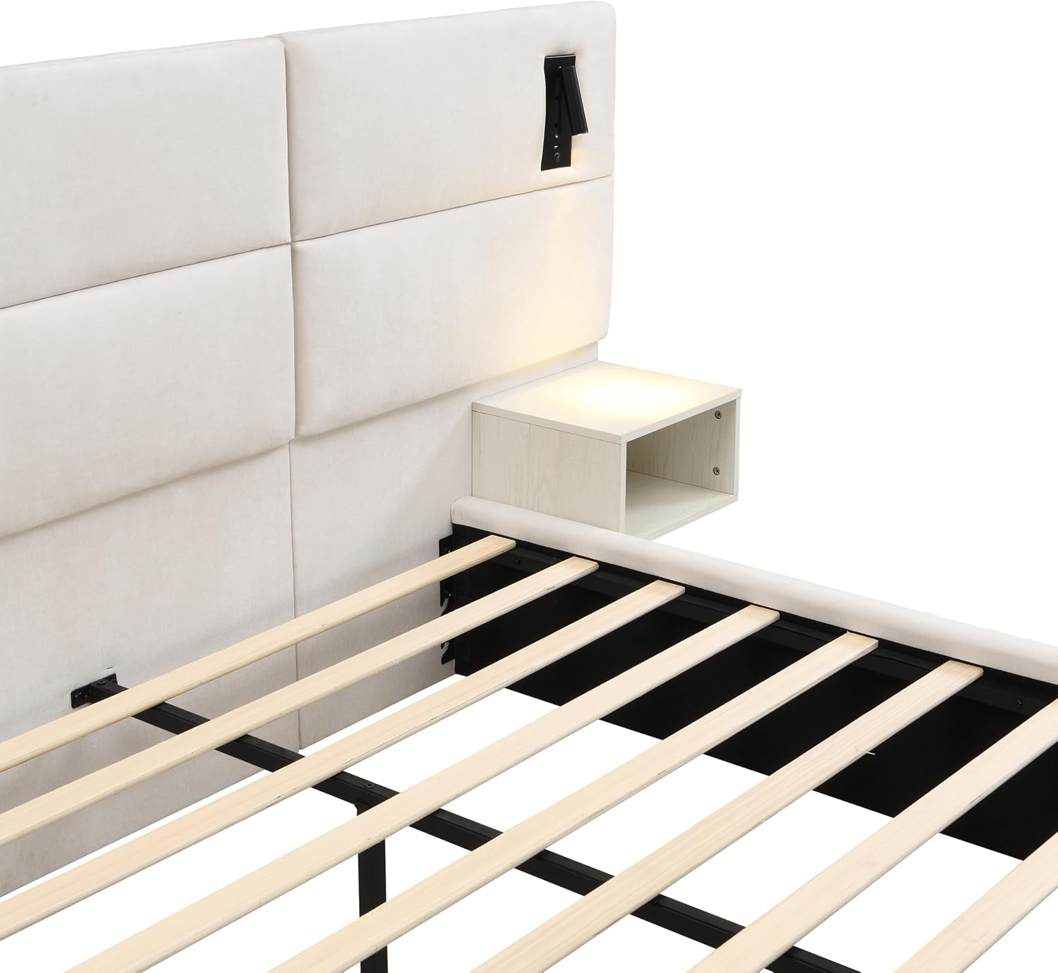 Merax Queen Size Chenille Upholstered Bed Frame with Wide headboard and Small Reading Lamp and Side Nightstand for Adults, Heavy Duty Steel Center Beam for Support, No Box Spring Needed, White