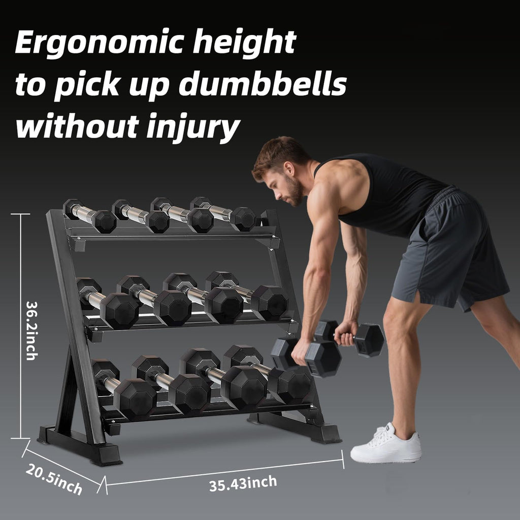Dumbbell Set with Rack Hex Dumbbells 5-50 lb Rubber Coated Dumbbells Heavy Duty Weight Set 350 lb 450 lb 550 lb with 3-Tier Stand Complete Home Gym Set Dumbbell Rack Set Workout Weights