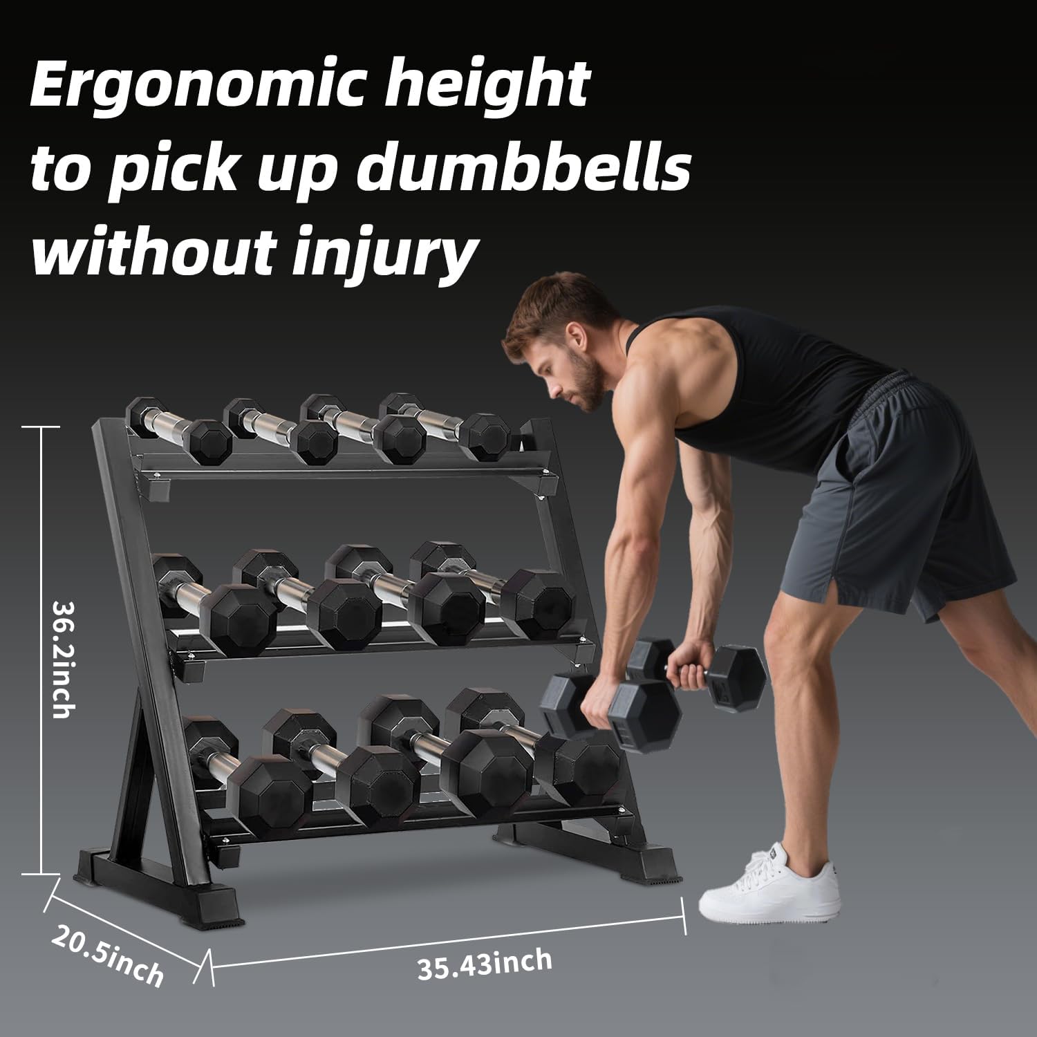 Dumbbell Set with Rack Hex Dumbbells 5-50 lb Rubber Coated Dumbbells Heavy Duty Weight Set 350 lb 450 lb 550 lb with 3-Tier Stand Complete Home Gym Set Dumbbell Rack Set Workout Weights