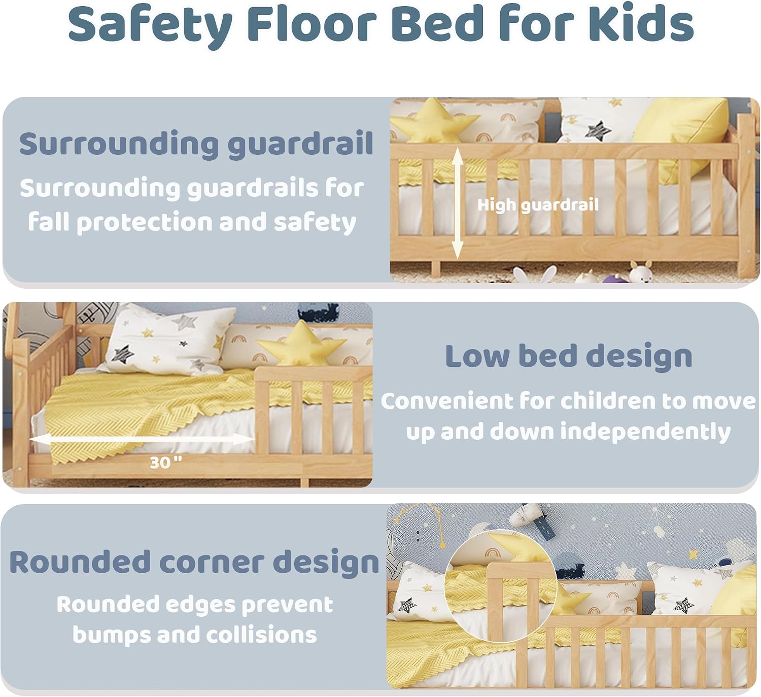 Twin Montessori Kids Floor Bed with Rails and LED Light, Low Twin Beds Frame with Fence and Removable Roof, Wood Montessori Floor Bed Frame for Kids, Girls, Boys, Natural