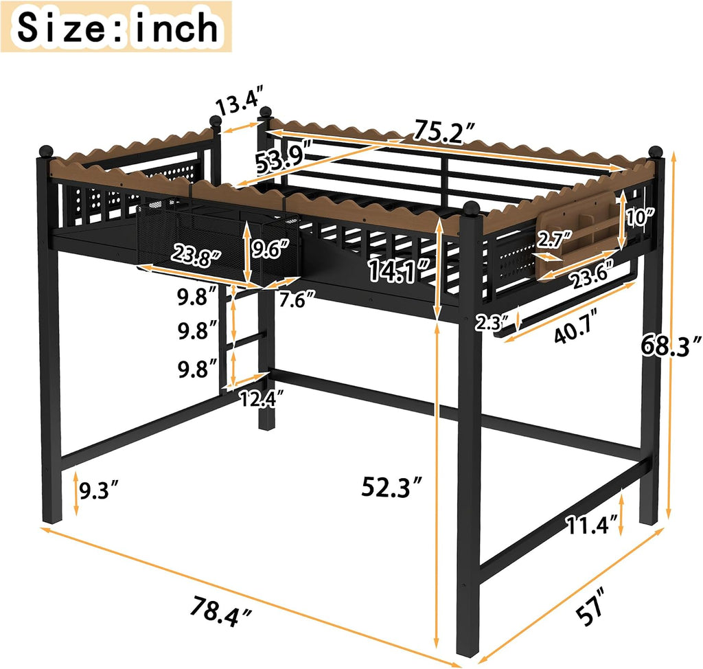 JIVOIT Metal Loft Bed with Built-in Storage Shelves and Bookshelf, Full Size Metal Loft Bed with Safe Ladder & Guardrail, Space-Saving Loft Bed, No Box Spring Needed and Chic Design