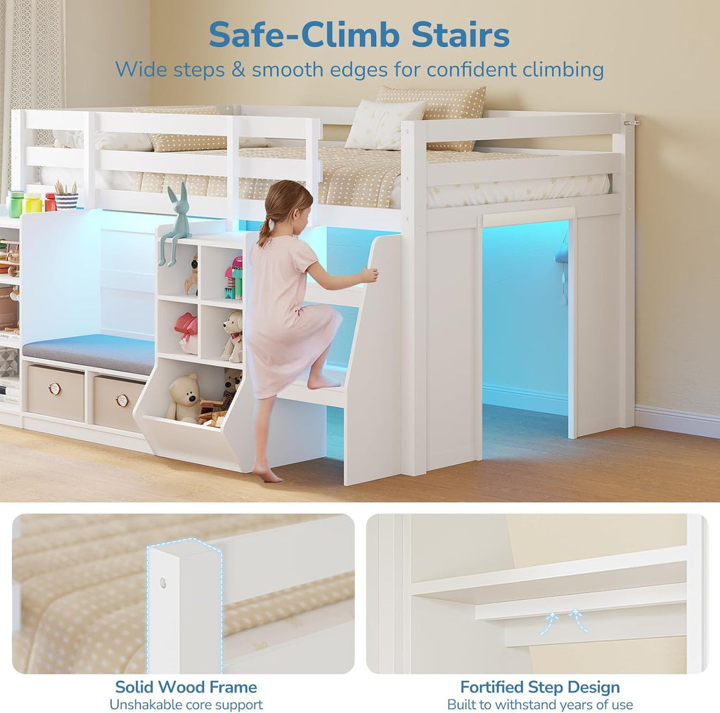 Low Loft Bed Twin Size with LED Lights, Wooden Kids Twin Loft Bed with Storage Bookcase, Toy Box, Reading Nook and Secret Play Space, Modern loft Bed with Stairs and Safety Guardrails for Boys Girls