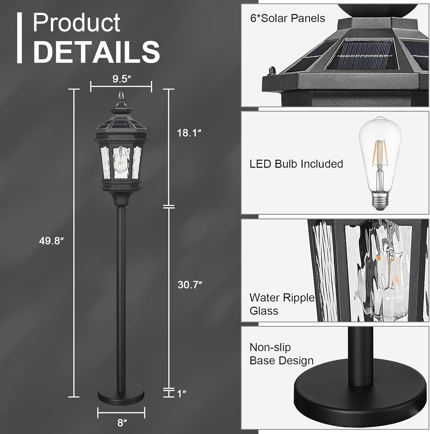 Darkaway Solar Post Light Outside Floor Lamp with Remote Control, Waterproof Outdoor Solar Lighting with Water Ripple Glass Shade for Lawn Pool Garden
