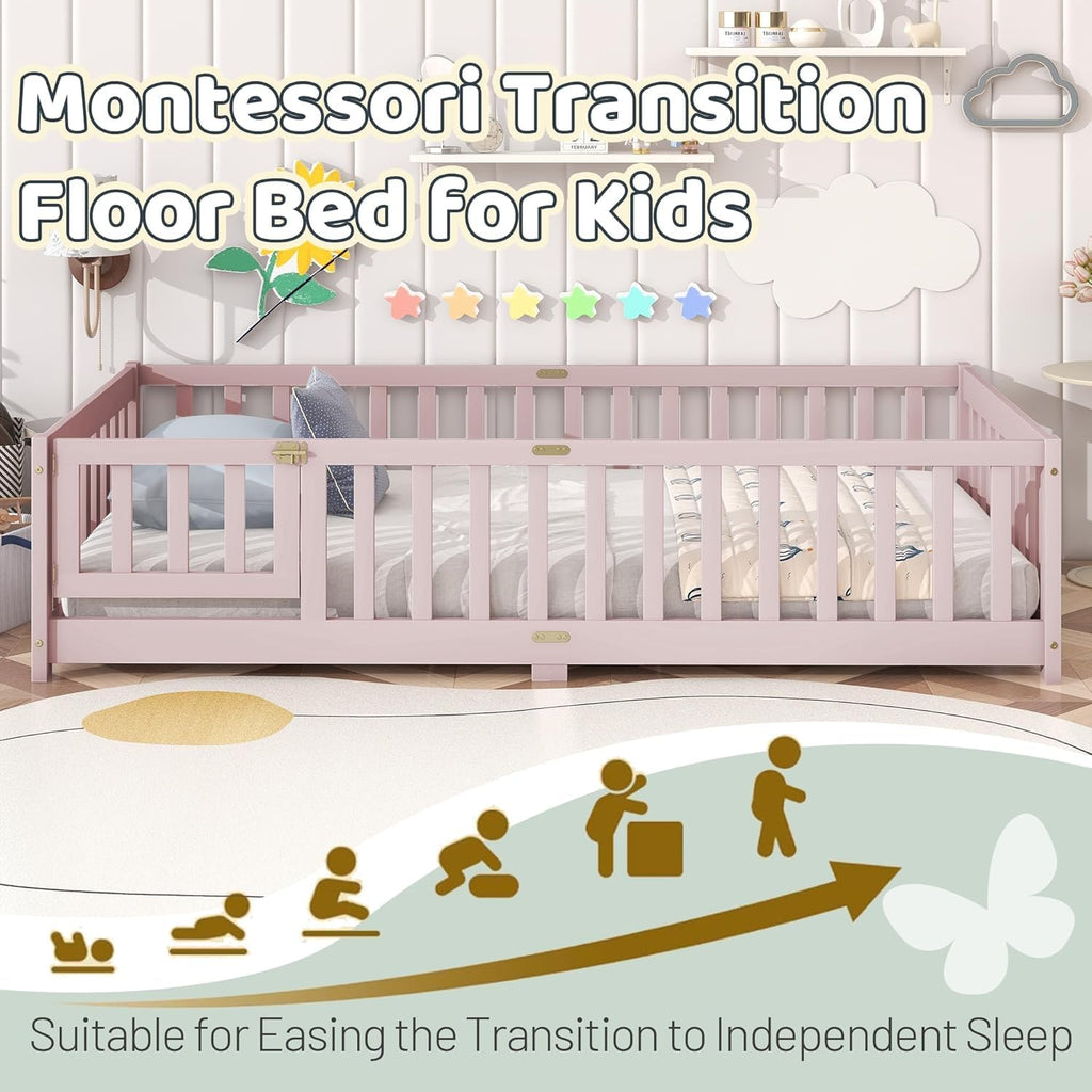 Full Size Floor Bed for Kids, Wooden Montessori Bed Frame with Door, Montessori Floor Bed with Rails for Boys and Girls, No Box Spring Needed, Pink