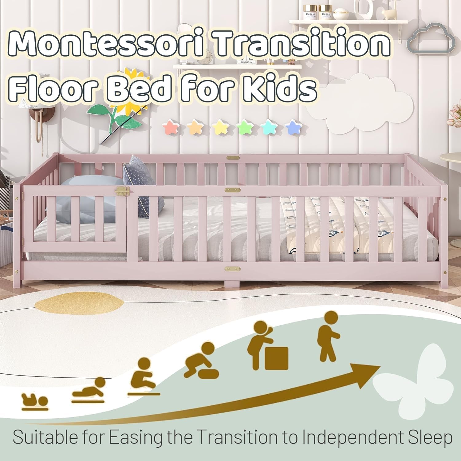 Full Size Floor Bed for Kids, Wooden Montessori Bed Frame with Door, Montessori Floor Bed with Rails for Boys and Girls, No Box Spring Needed, Pink