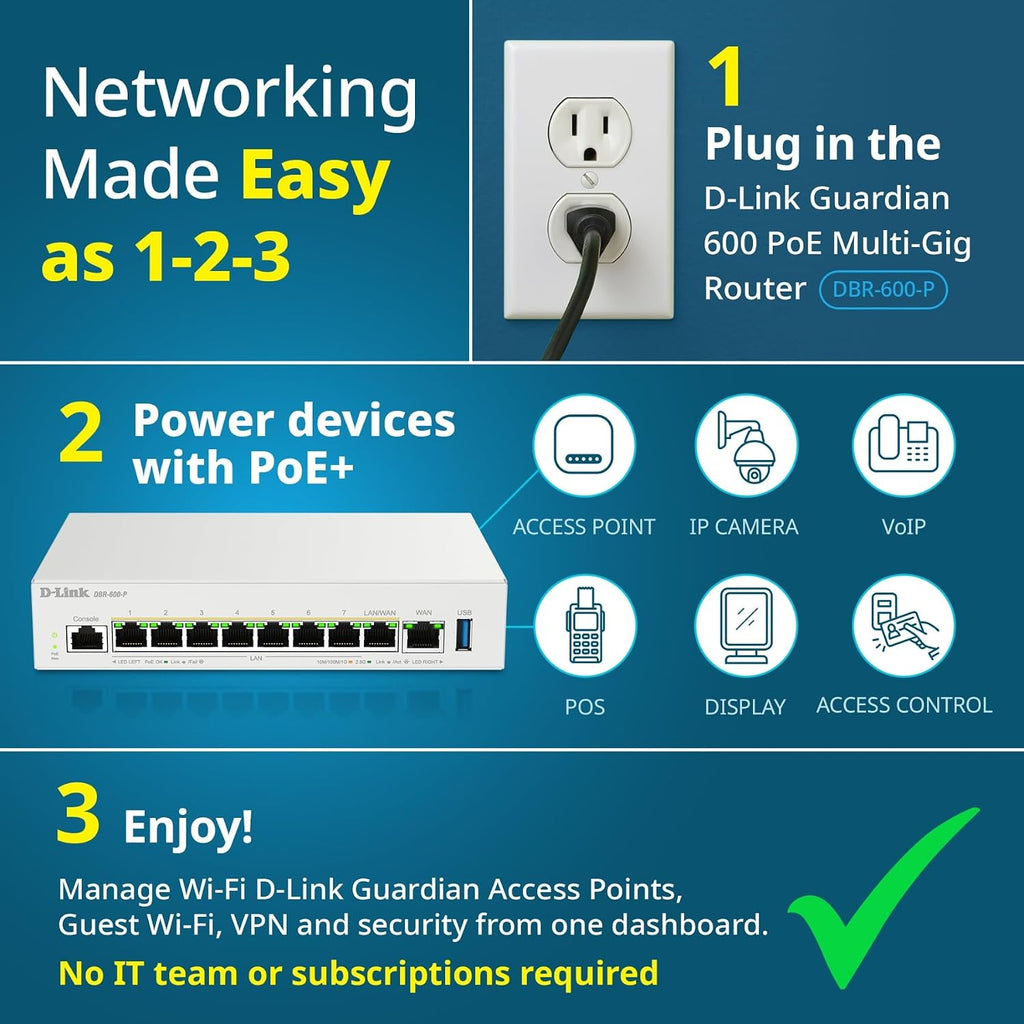 D-Link Guardian 600 PoE Multi-Gig Business Router (DBR-600-P), Premium Router with Multi-WAN Failover, SPI Firewall, 8X 2.5GbE PoE+ LAN, VPN