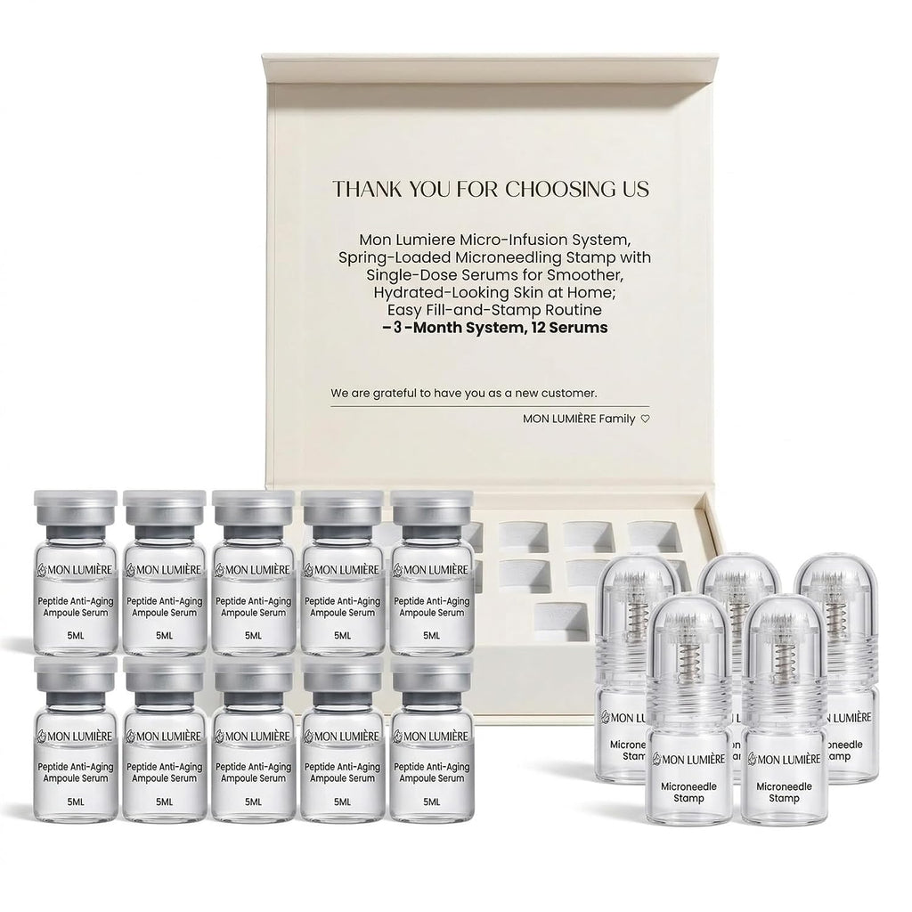 Mon Lumiere Micro Infusion System for Face – Gold Spring-Loaded Facial Stamp with PDRN & Peptides – At-Home Skincare Kit for Glow, Smoother-Looking Skin & Visible Radiance – 12 Single-Dose Serums