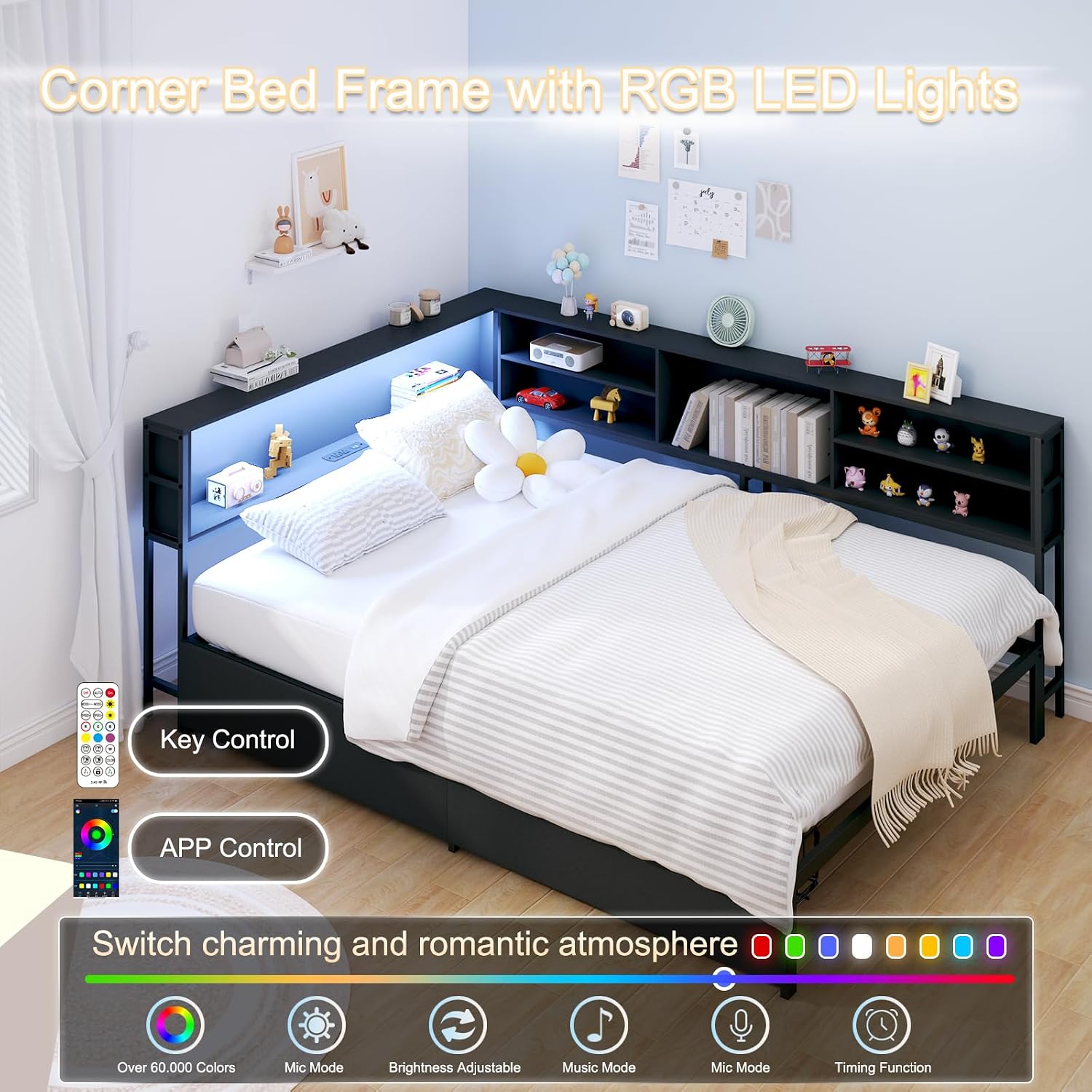 Black Full Corner Bed Frame with Storage Drawers, Metal Daybed with Storage Bookcase, Kids Platform Bed with Charging Station and LED Lights, No Spring Mattress Needed (Black, Full)