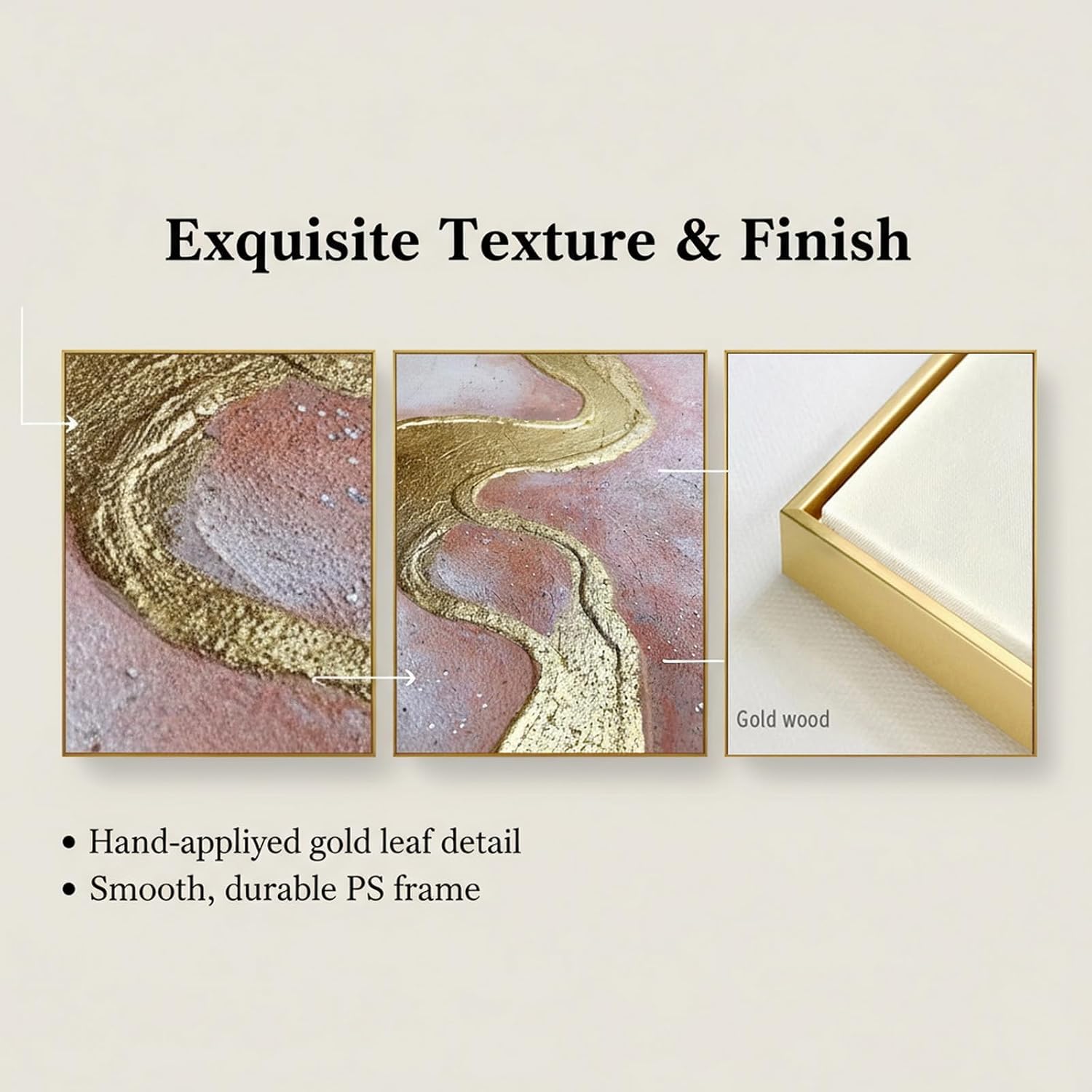 Large Pink Abstract Canvas Wall Art for Living Room-Gold Framed Abstract Oil Painting for Bedroom-3 Pieces Modern Pictures Wall Decer For Home Decor Ready to Hang 72x36 inches