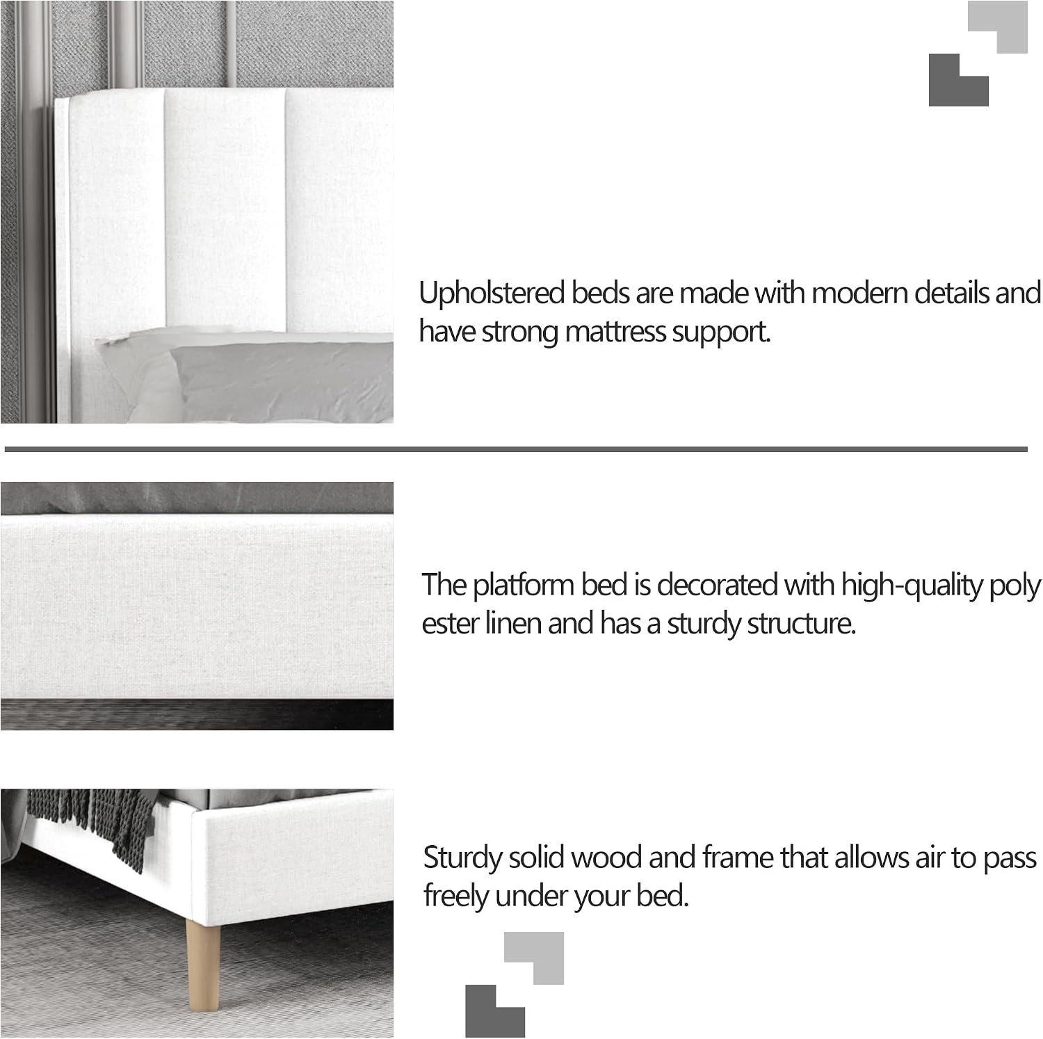 King Size Bed Frame with Headboard, Modern Upholstered Linen Platform Bed, Heavy Duty Wooden Slats Support, No Box Spring Needed, Noise-Free & Easy Assembly, White