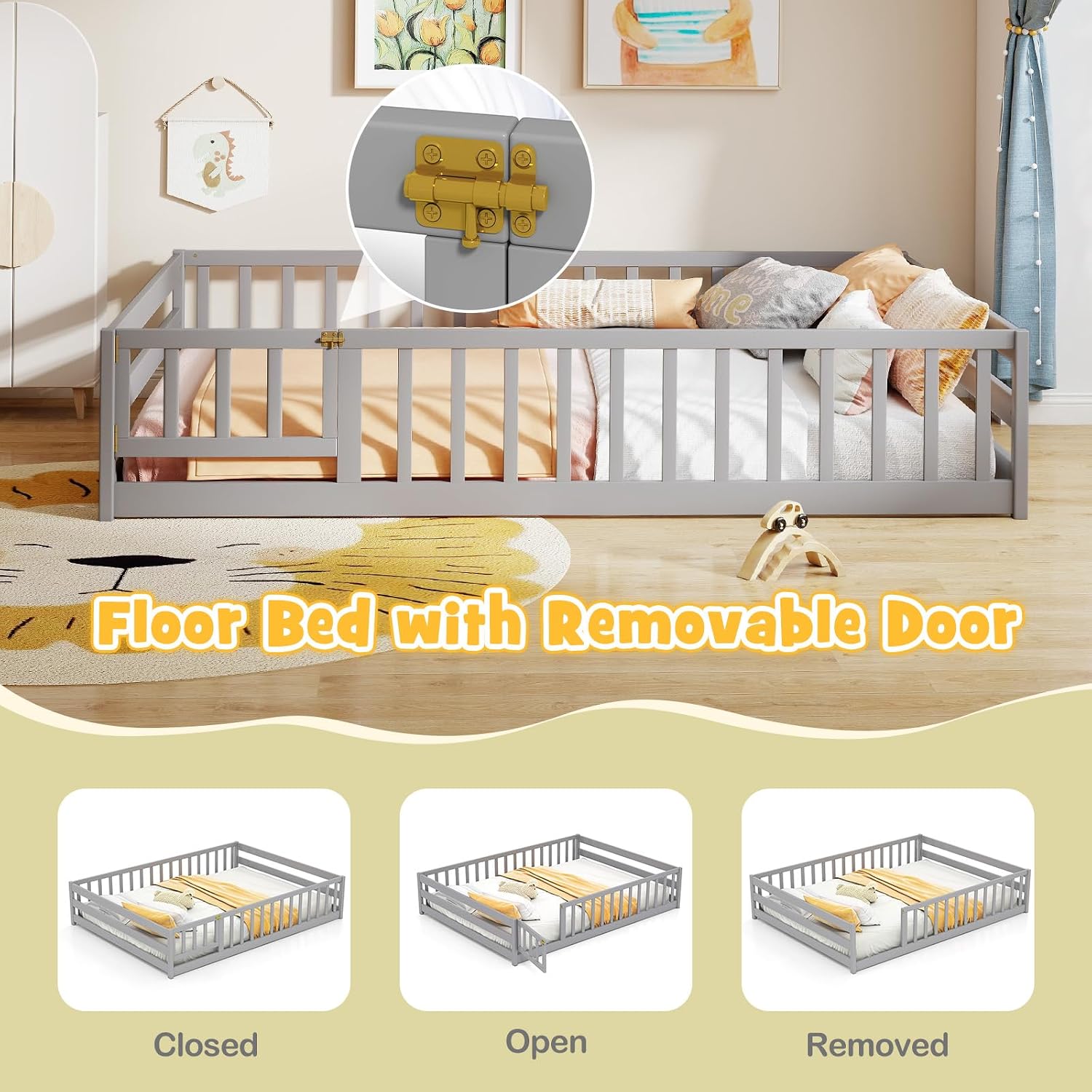 BECOMFORT Full Size Floor Bed for Kids, Kids Wood Bed Frame with Door, Latch & Safety Guardrails, Montessori Bed for Boys Girls